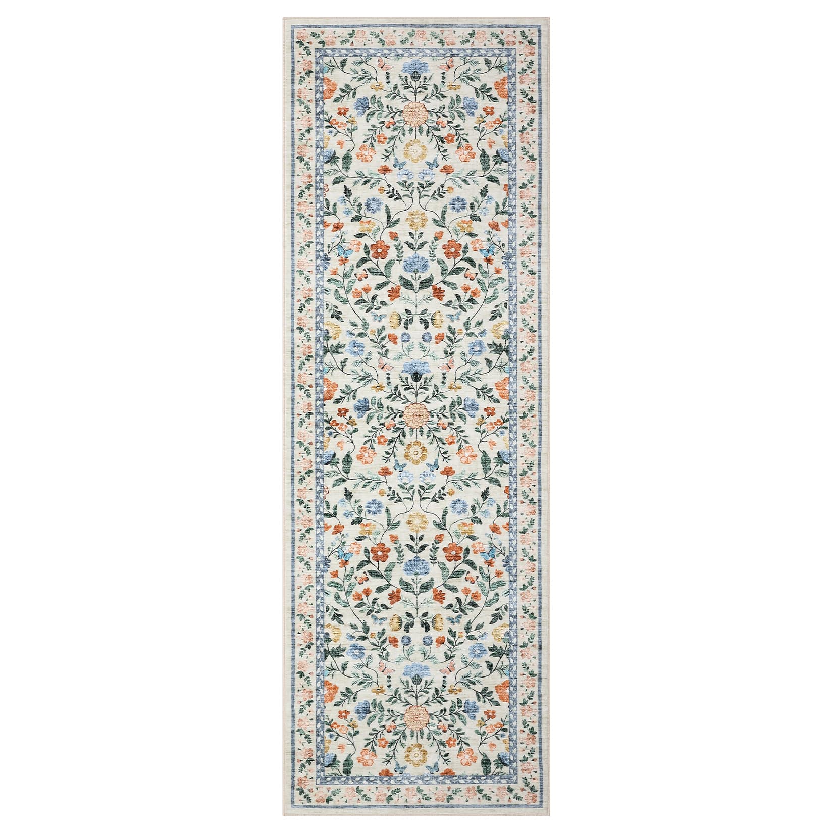 Qeetex LSN-PHK-33T3J7JM 2 x 6 ft Polyester Cashmere Imitation Green Rectangular Hallway Bathroom Entryway Kitchen Office Foldable Flower Printed Modern Washable Area Rug