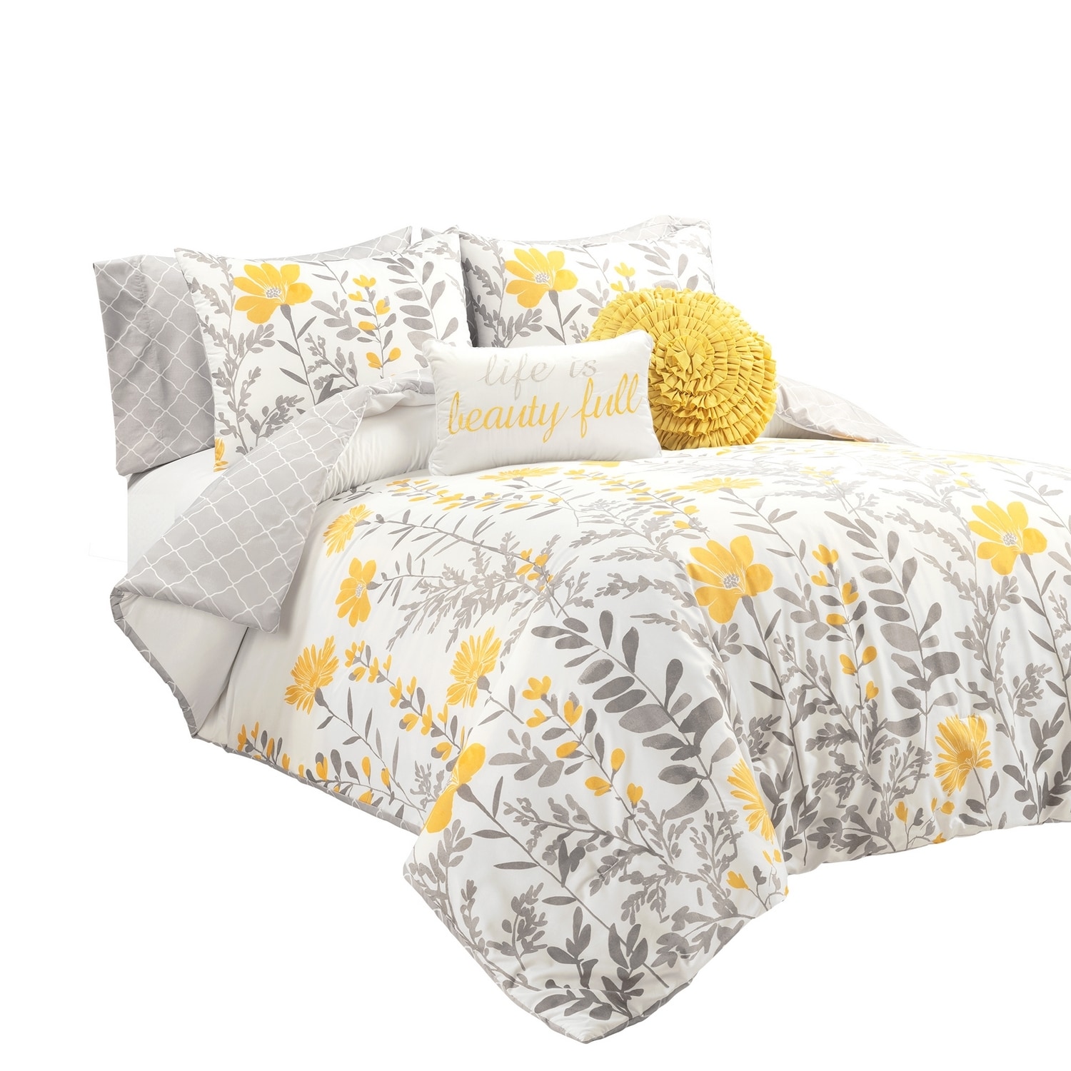 Queen Gray and Yellow Reversible Microfiber Comforter Set