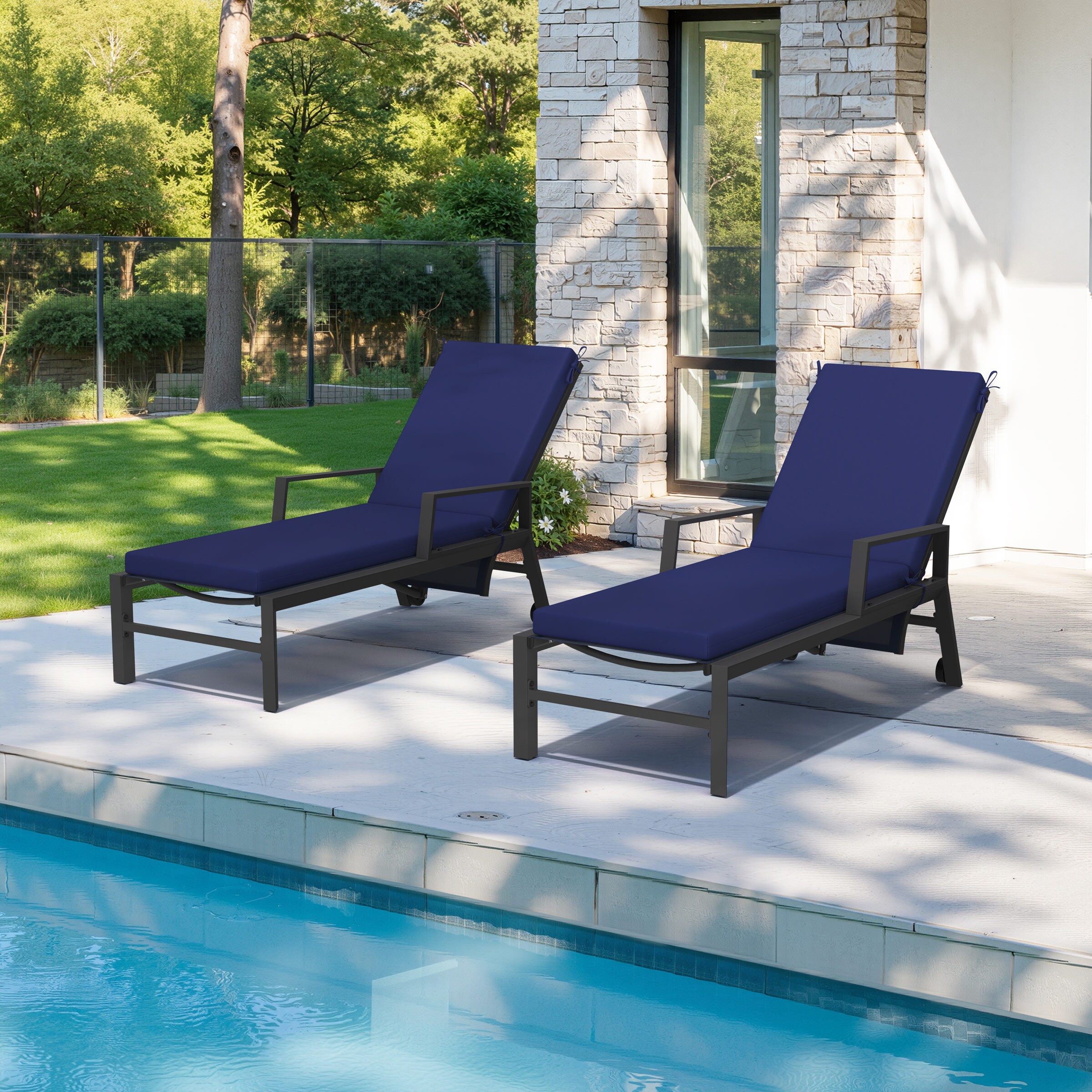 Pellebant ST25-CU001NAV-2 Outdoor Water Resistant Chaise Lounge Chair Cushion with Ties 44.09-in x 20.87-in 2 -Piece Navy Blue 72"-2pc Patio chaise lounge chair cushion