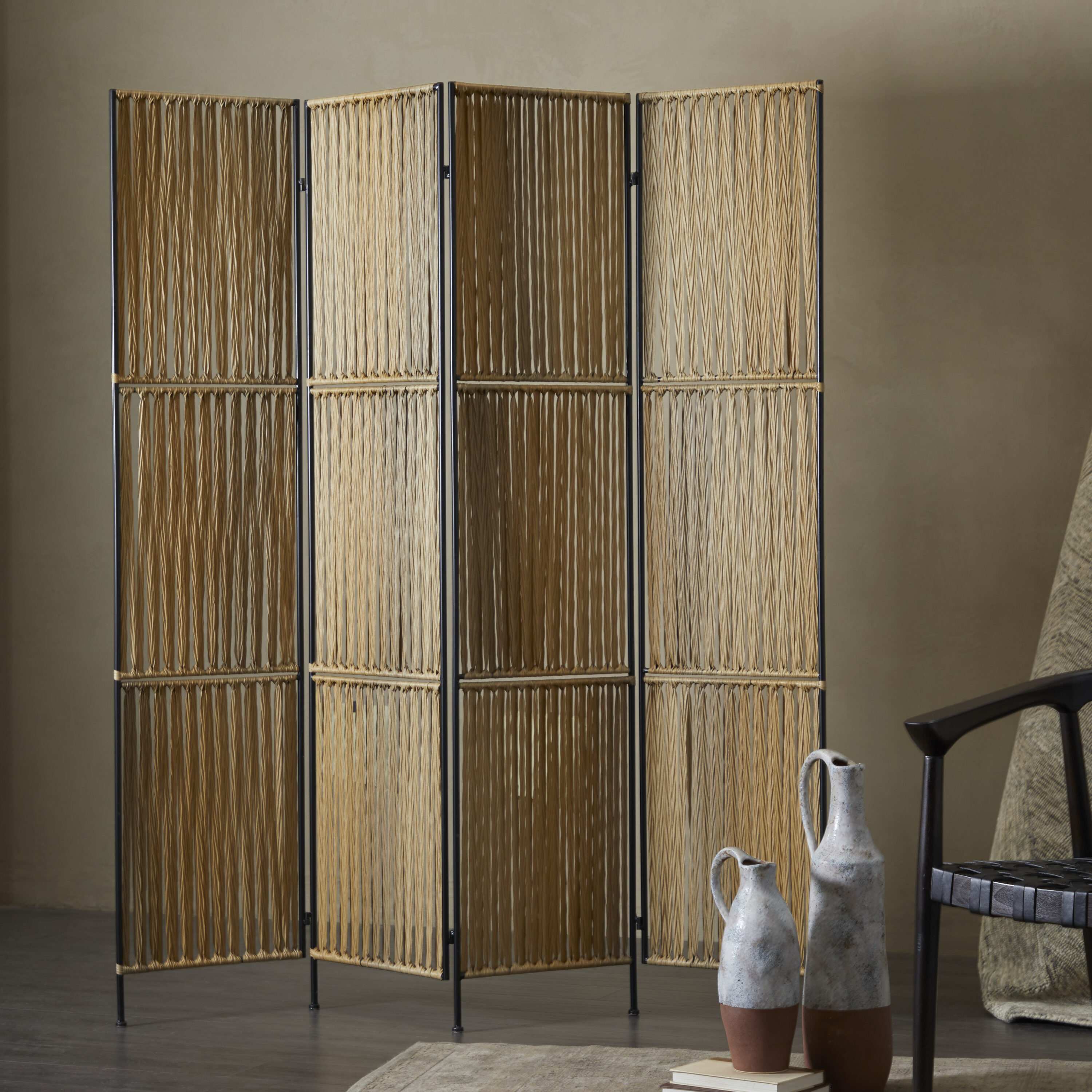 The Novogratz 32587 4 -Panel Light Brown Handmade Metal Folding Casual Style Room Divider