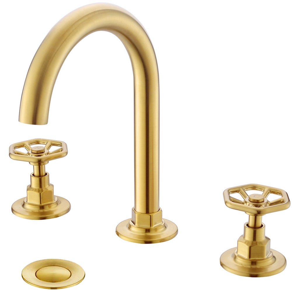 Phiestina LWCWF026-BG Brushed Gold Widespread 2-handle High-arc Commercial/Residential Handle Bathroom Sink Faucet with Drain