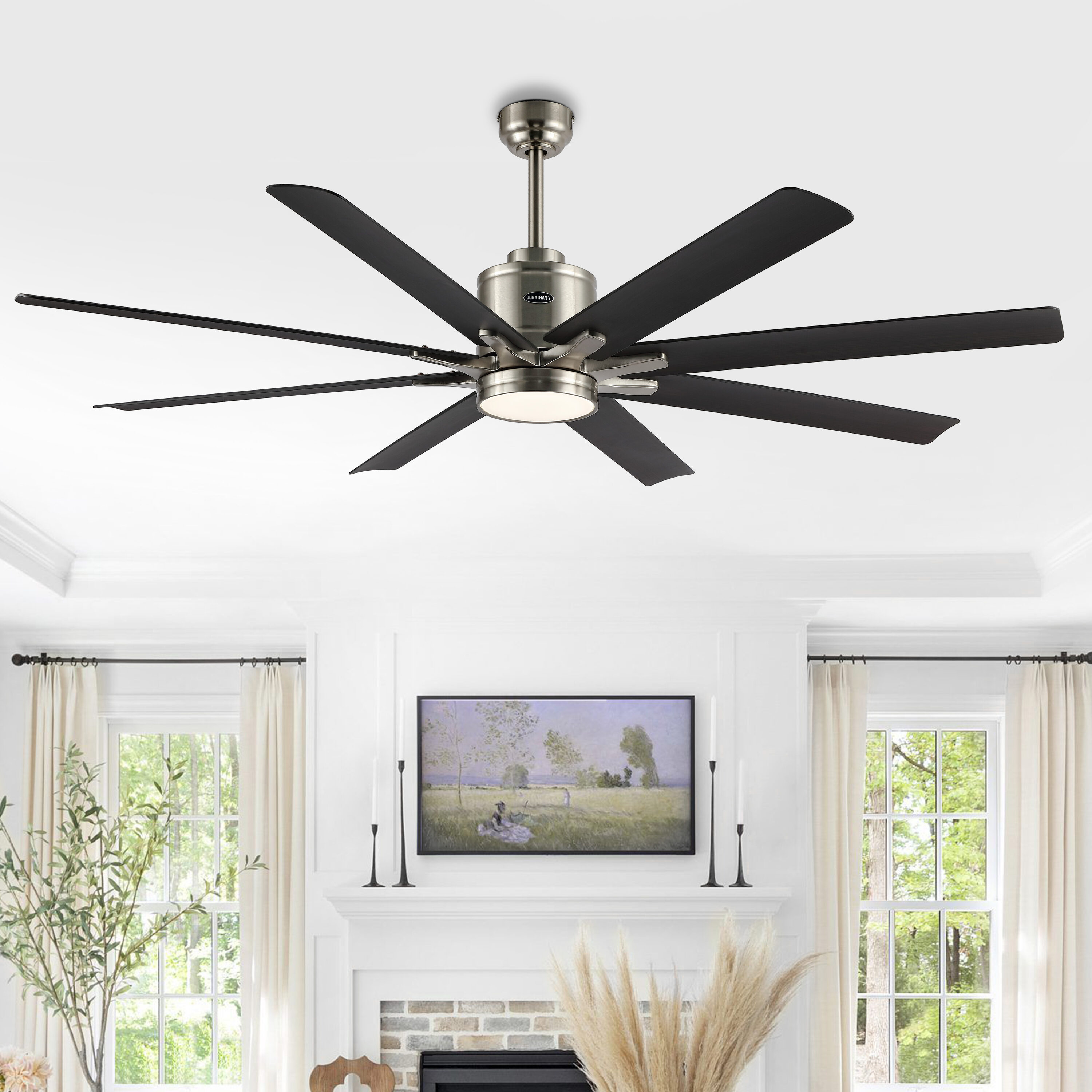 JONATHAN  Y JYL9712B Octo Contemporary Iron/Plastic 66-in Smart Nickel with Dark Brown Wood Finish Blades with Ceiling Fan With Light - Remote Included ( 8 -Blade )