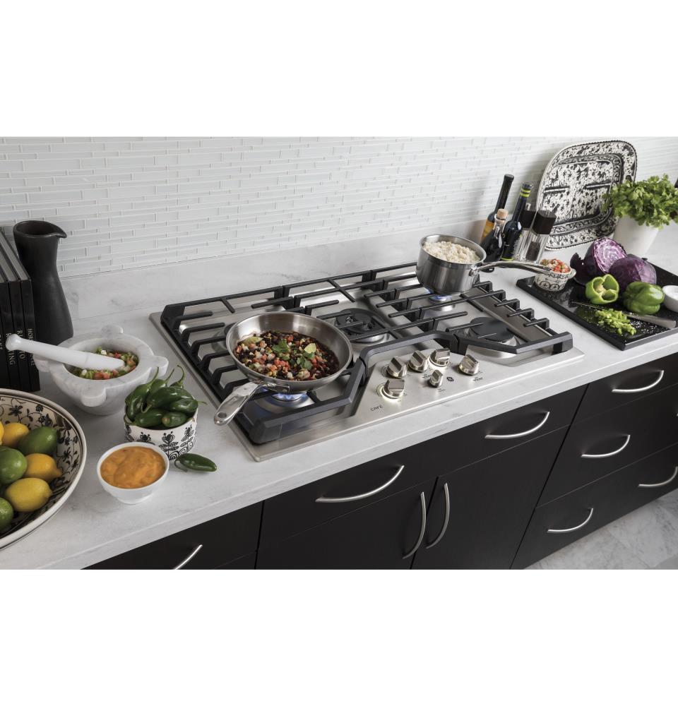 Continuous Grates LED Backlit Knobs Integrated Griddle Simmer GE Cafe 36 Inch Gas Cooktop 5 Sealed Burners with Tri-Ring Stainless Steel 