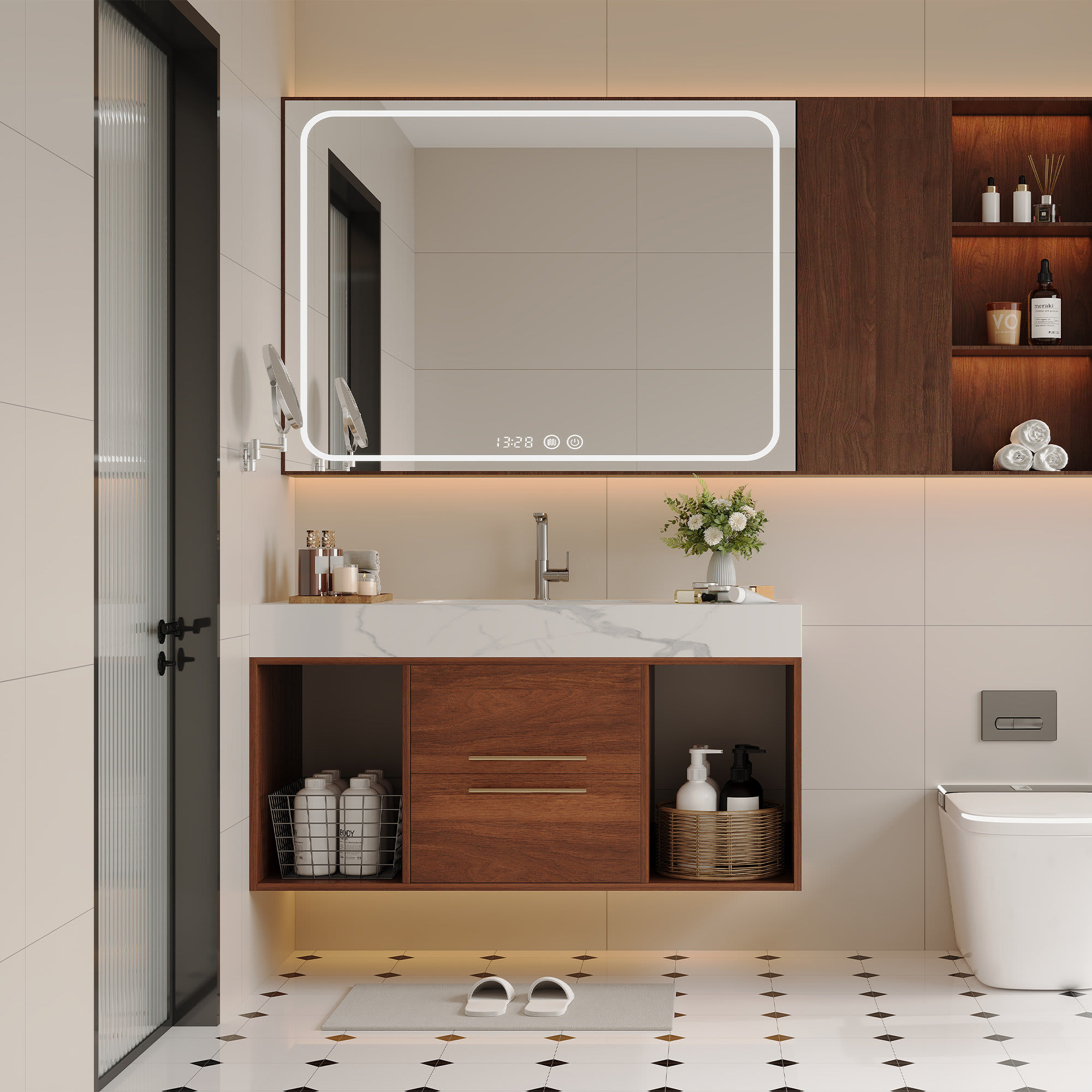 Etokfoks  39.4 inch Floating Bathroom Vanity Wall Mounted with Ceramic Sink White Slate Top 2 Soft Close Drawers Open Storage Modern Design