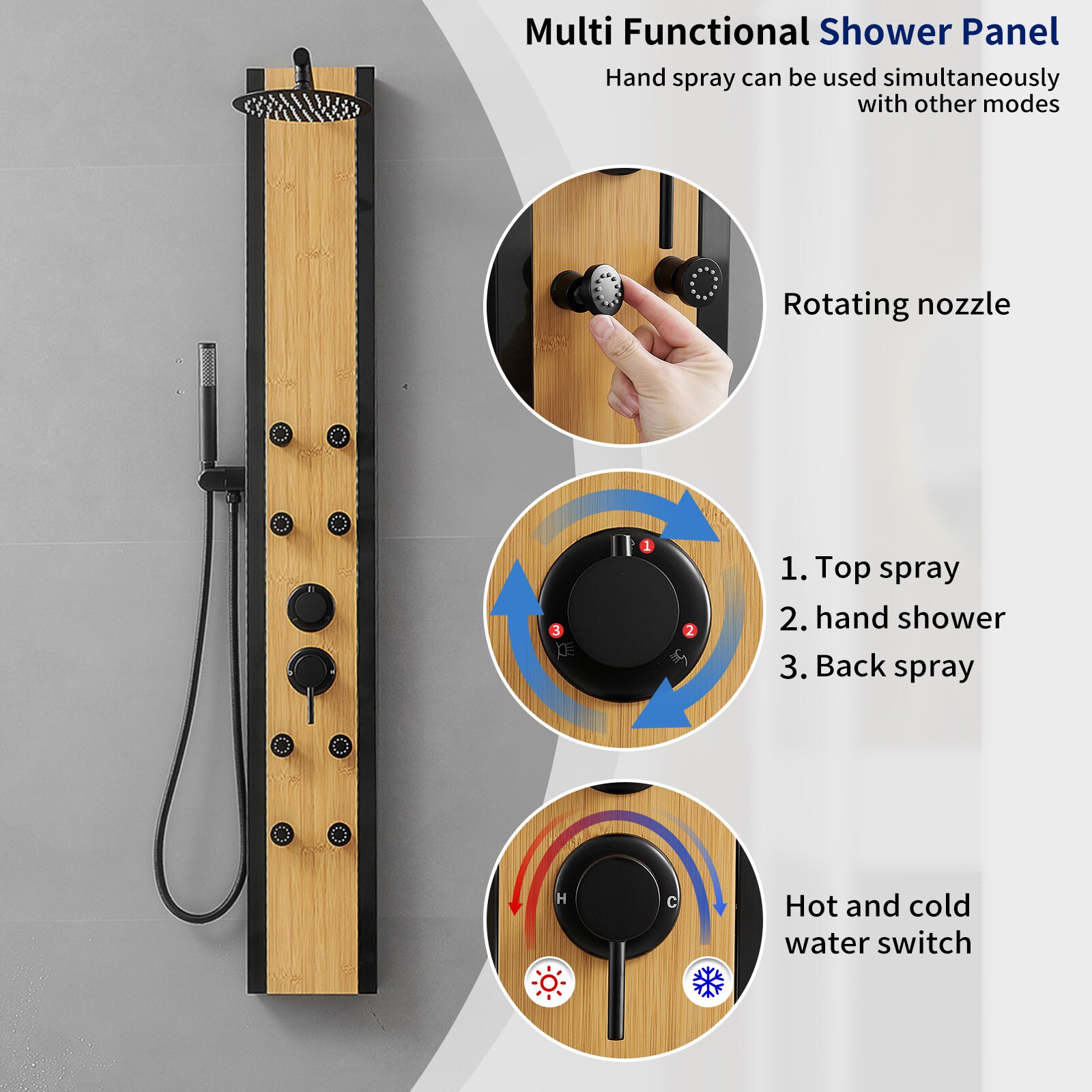 Matte Black and Bamboo 60'' Shower Panel System with Jets