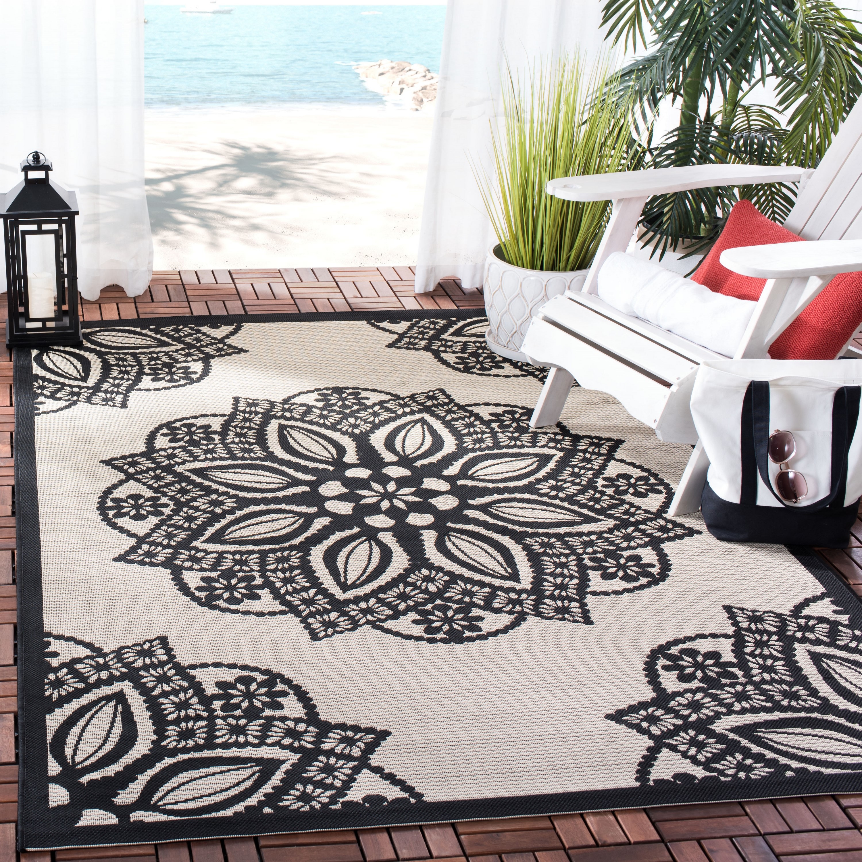 Safavieh CY6139-256-3 Courtyard Plage 3 x 5 (ft) Loomed Polypropylene Beige/Black Rectangular Indoor/Outdoor Floral/Botanical Throw rug