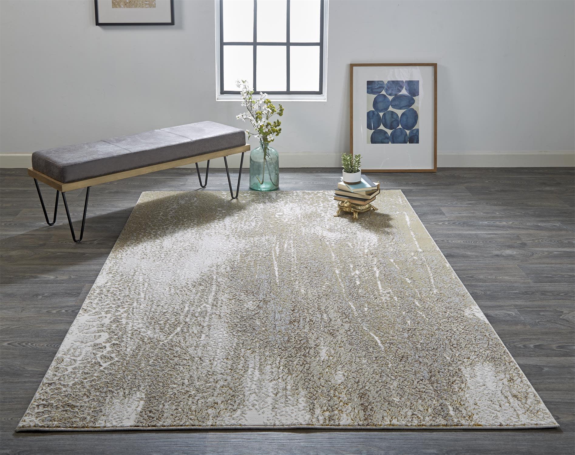 Ivory and Gold Rectangular Synthetic Easy Care Area Rug 6'7" x 9'6"