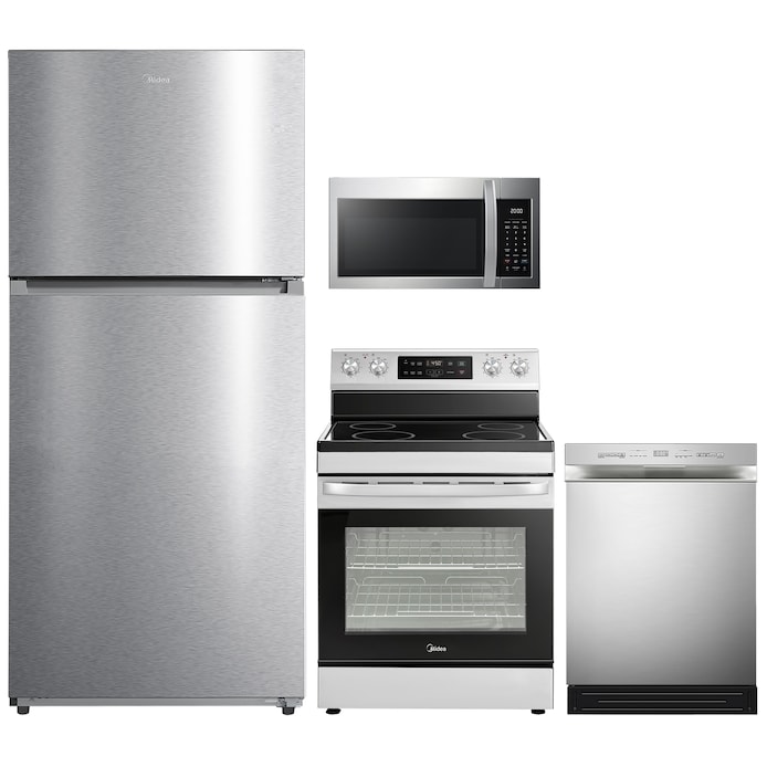 Midea  18.1-cu ft Top-Freezer Refrigerator Garage Ready ENERGY STAR and Electric Range Suite with 1.7-cu ft Microwave in Stainless Steel