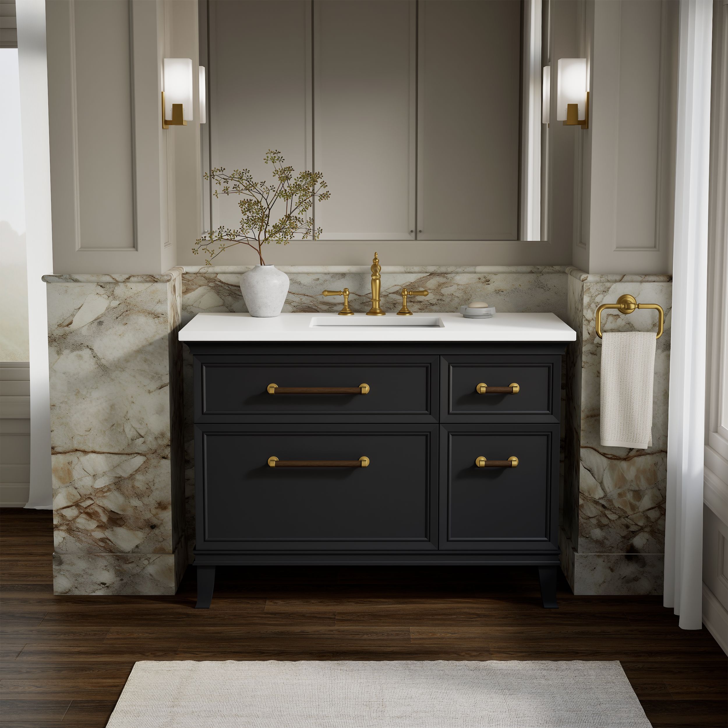 KOHLER Artifacts 48-in Slate Grey with Miami White Top with Brass Hardware Undermount Single Sink Bathroom Vanity with White Quartz Top