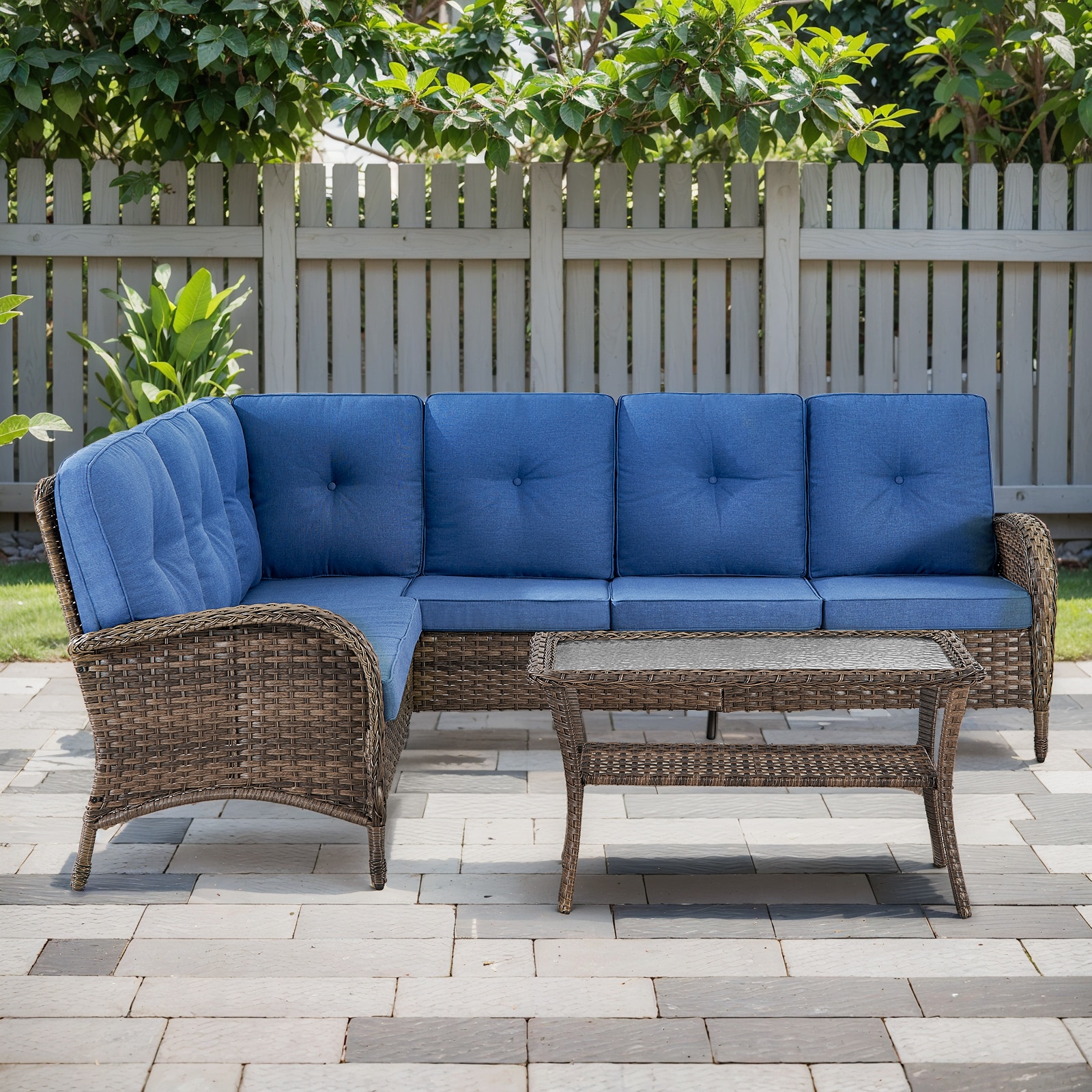 Jeehope PABR130LR50-1S PAnorama Series Wicker Outdoor Sectional with Navy Cushions and Steel Frame