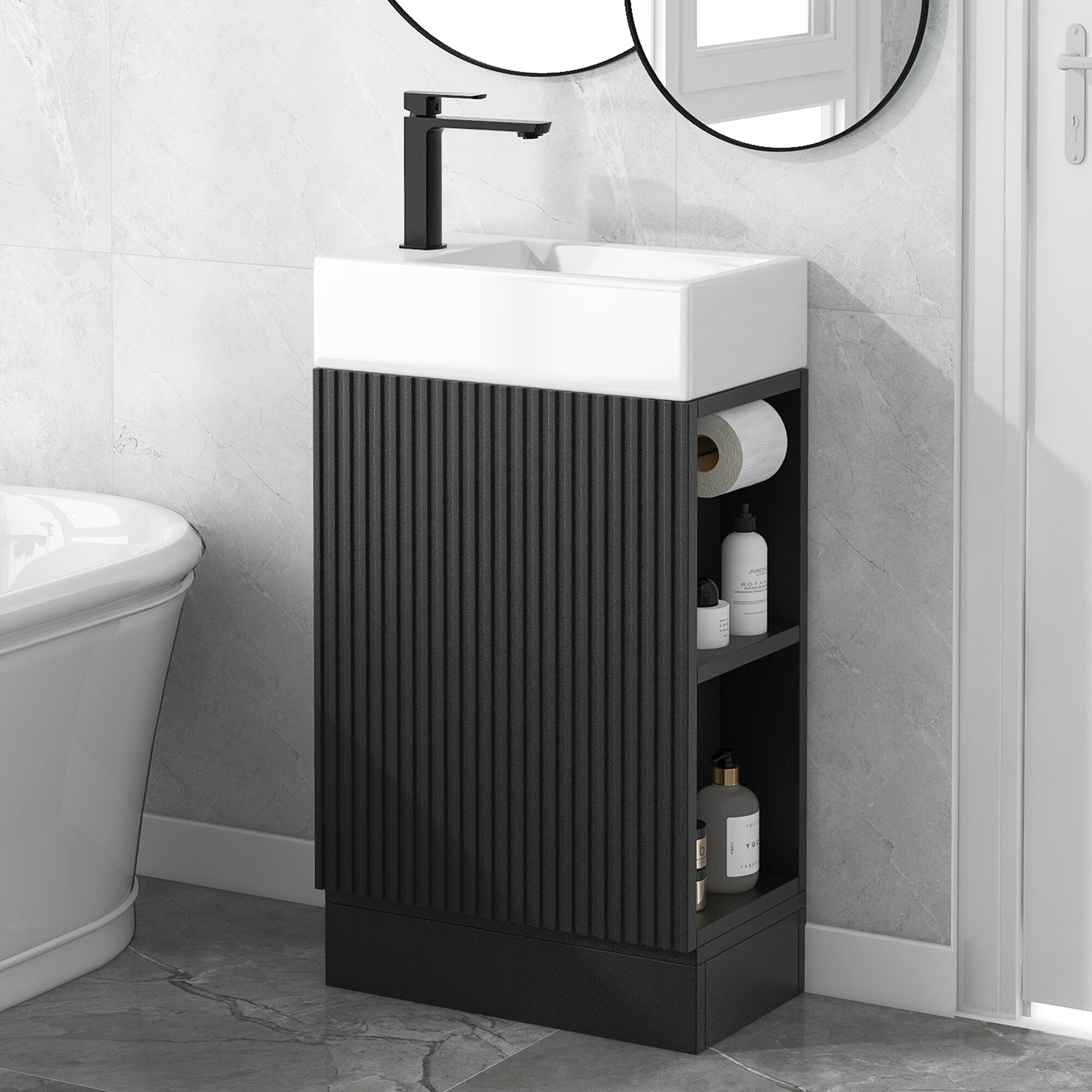 Tatayosi T-P212181B 18.6 Inch Black Freestanding Bathroom Vanity with Ceramic Sink and Customizable Storage Shelf