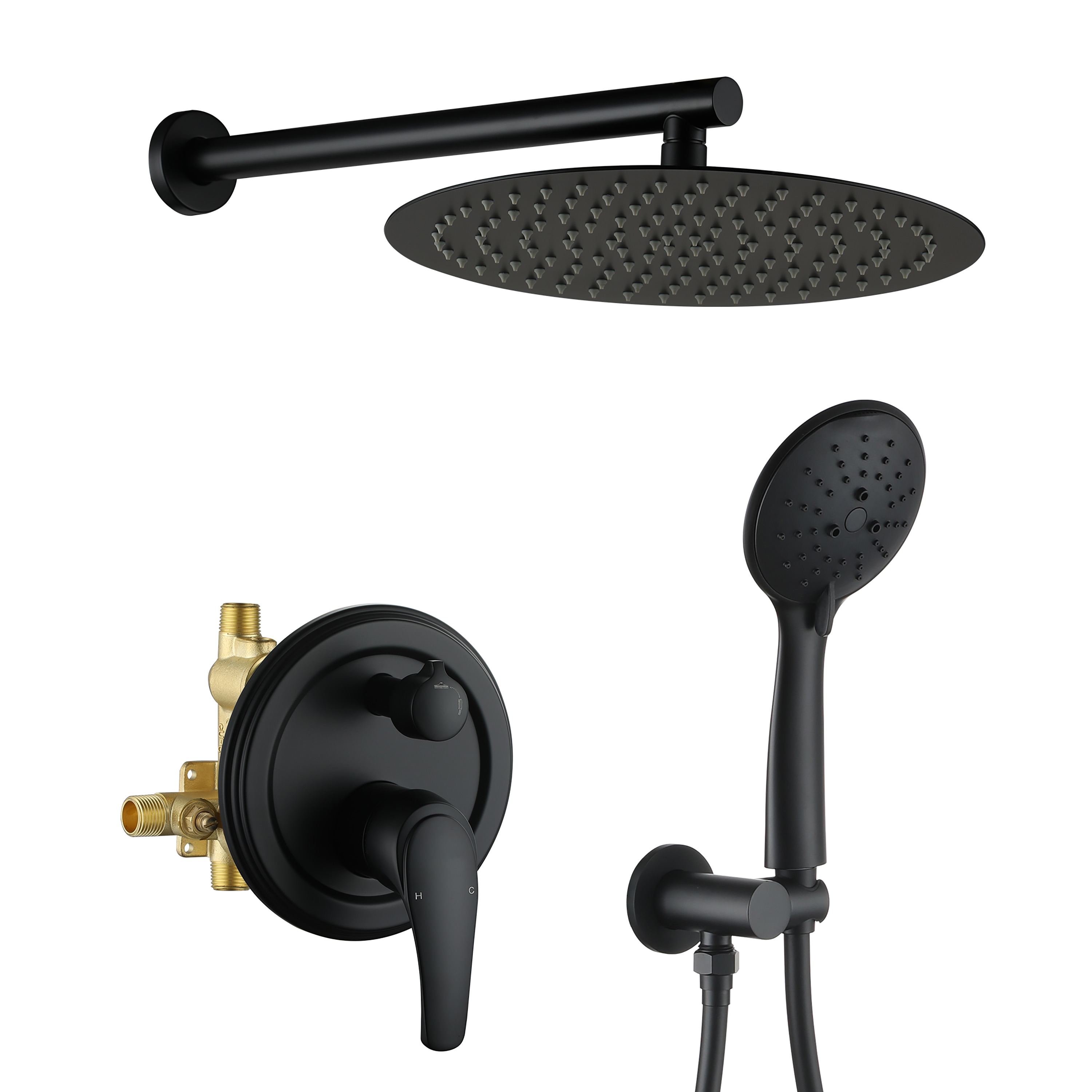 CASAINC CS3602-12ORB Matte Black 12-in Dual Head Built-In Shower Faucet System with 2-way Diverter ( Pressure-balanced Valve Included )