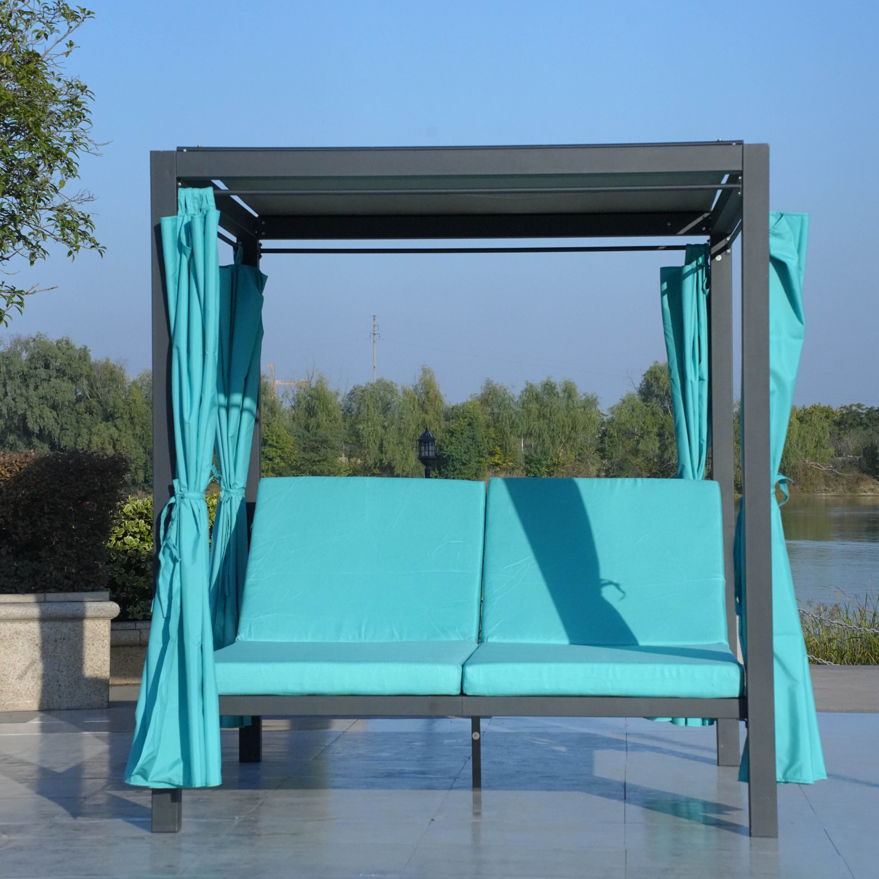 Moda Furnishings PAL-1129B-CYAN Patio Conversation Set with Blue Cushions