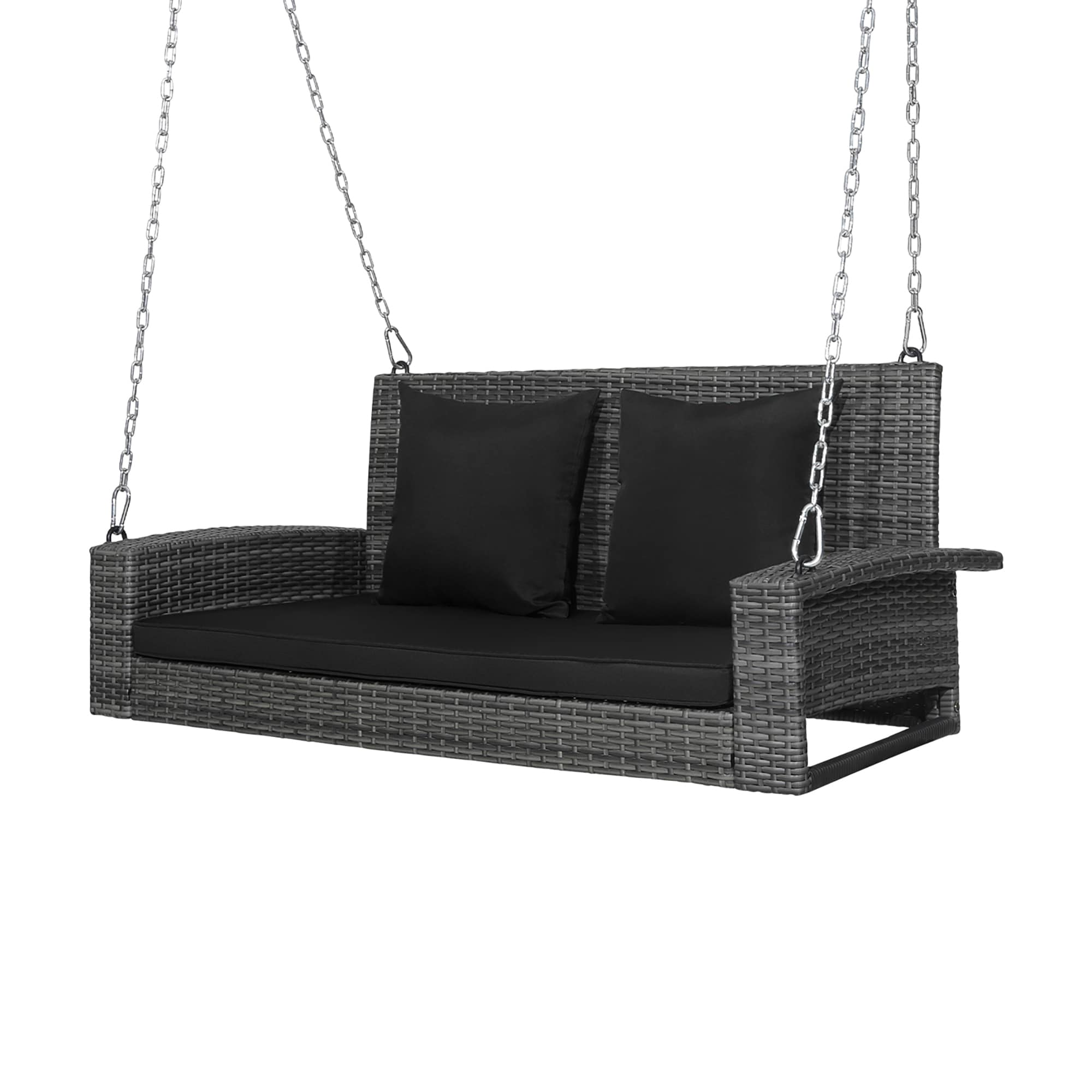Costway HW69619DK Rattan Black Metal Frame Hanging Conversation Chair with Black Cushioned Seat