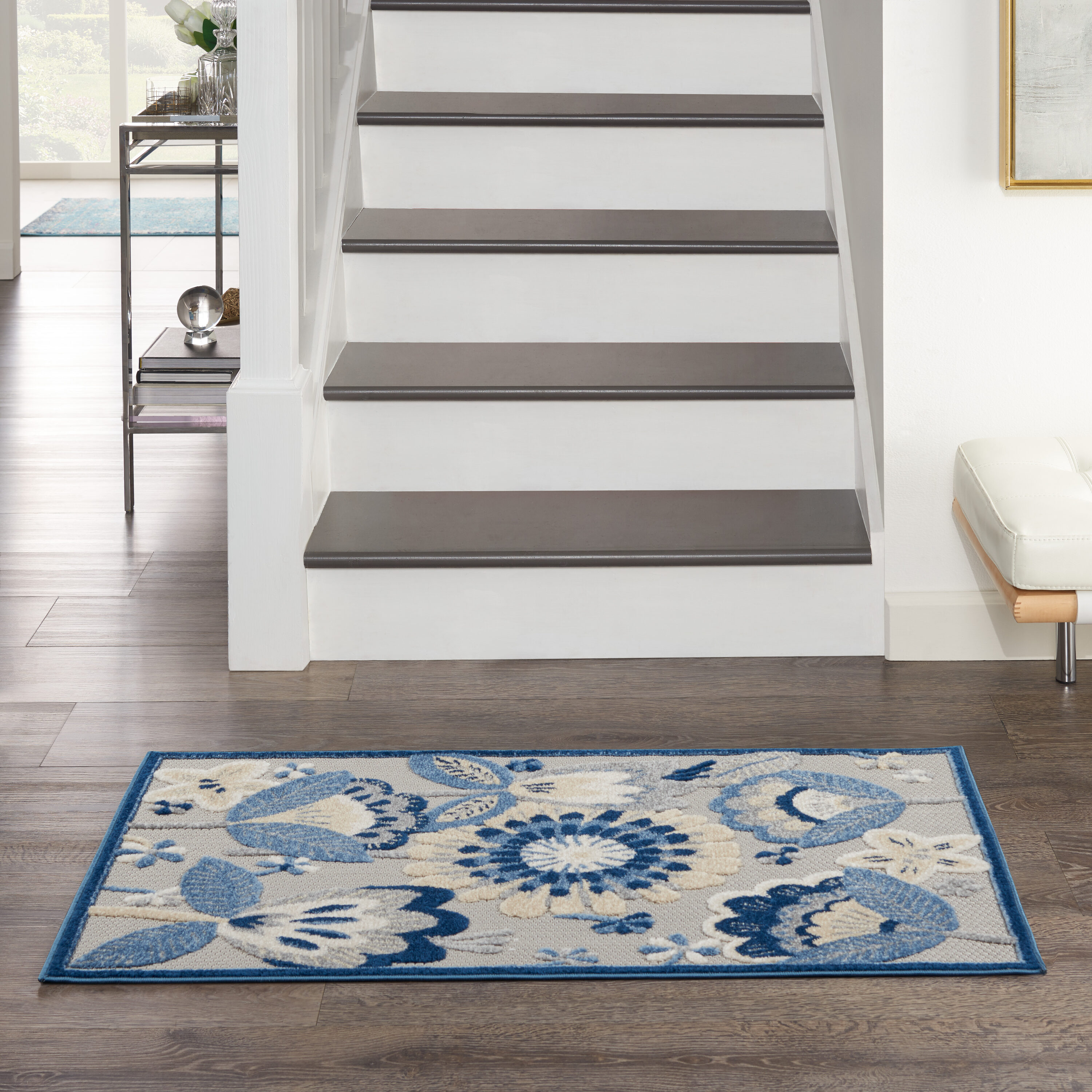 Nourison 099446828903 Aloha 3 x 4 (ft) Loomed Polypropylene Blue/Grey Rectangular Indoor/Outdoor Floral/Botanical Tropical Area rug