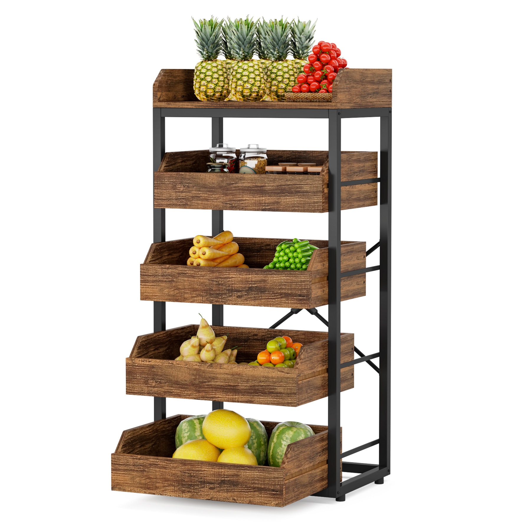 Tribesigns Wood Fruit and Vegetable Storage Rack, 5-Tier Pull-Out Snack  Stand Fruit Basket Stand, Rustic Brown at