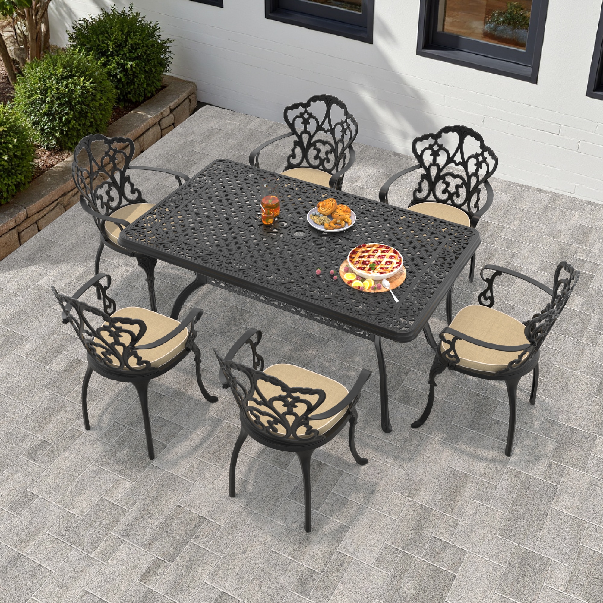 nicesure SLBK6047CZ6A1051RC 7 -Piece Black Patio Dining Set Aluminum Rectangle Table with 6 Cushions Stationary Chairs