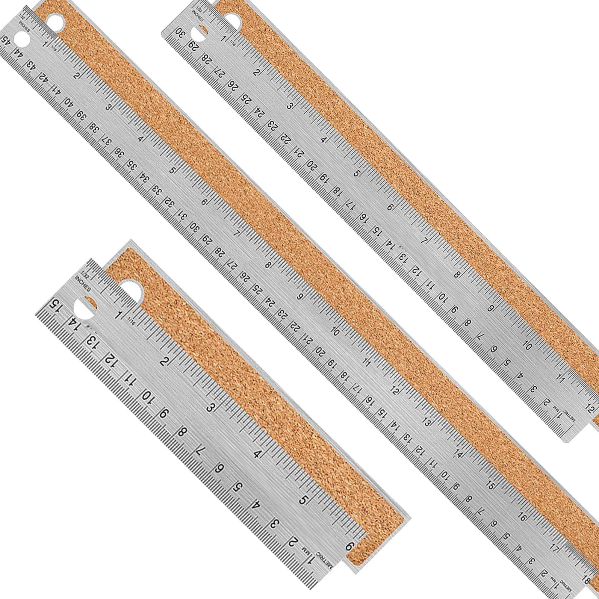 Misopily  3 Piece Metal Ruler Set 6 Inch 12 Inch 18 Inch Stainless Steel Rulers with Cork Back Non Slip Inch and Metric Markings for Drafting Office