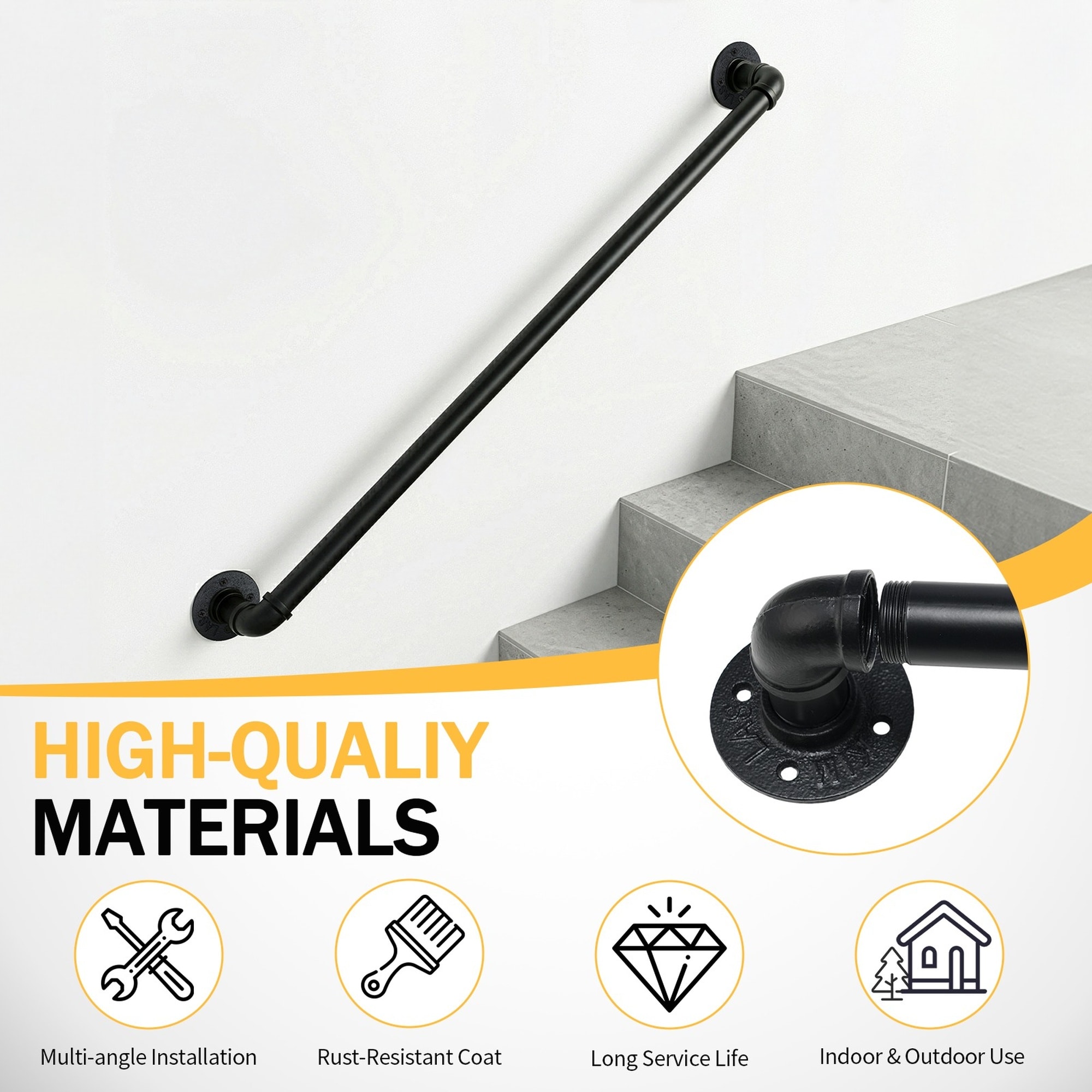OGETFUUR 4FT Black Iron Stair Handrail Indoor Outdoor Courtyard Railing ...