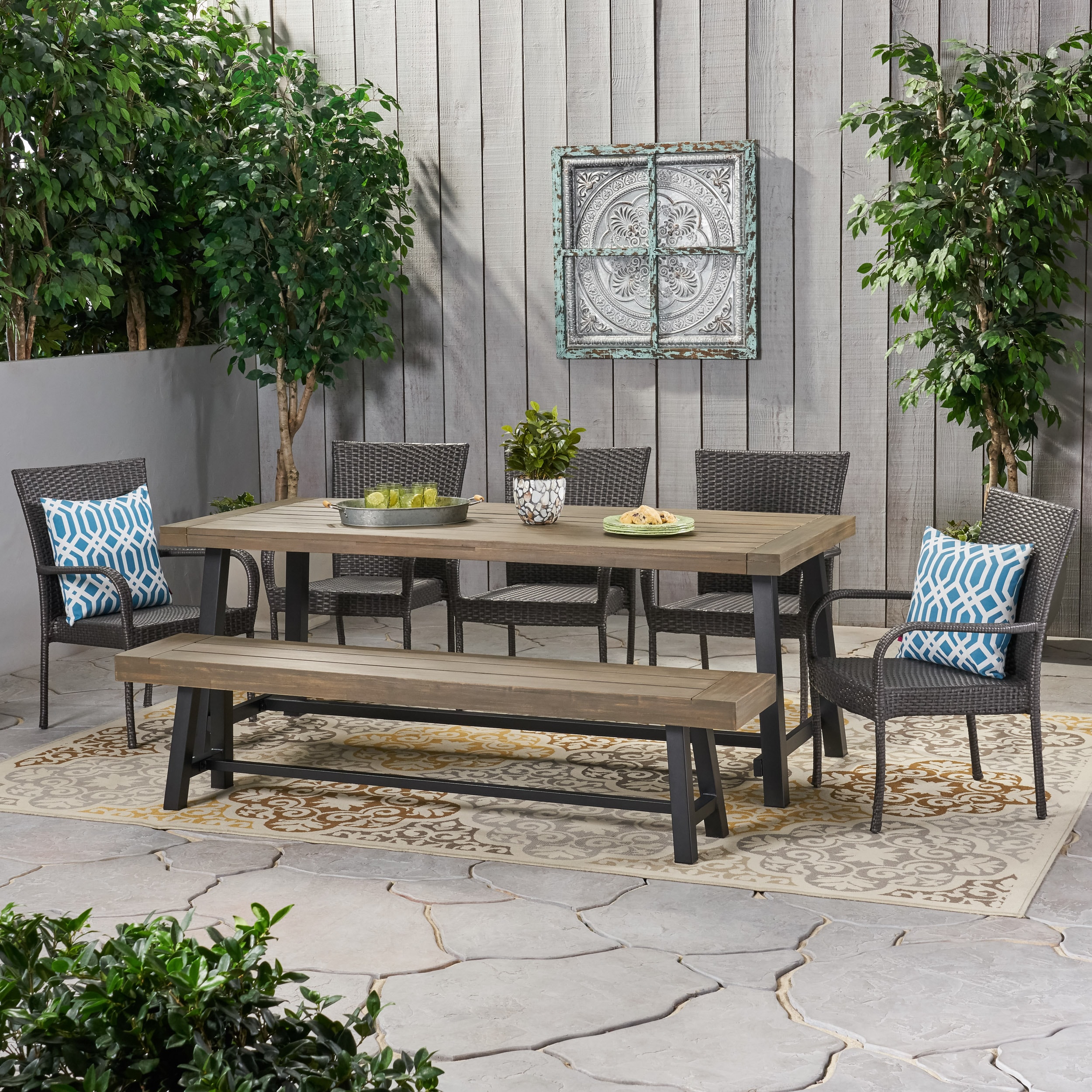 Christopher Knight Home 310967 Lyons Outdoor Rustic Acacia Wood 8 Seater Dining Set with Dining Bench Gray and Black