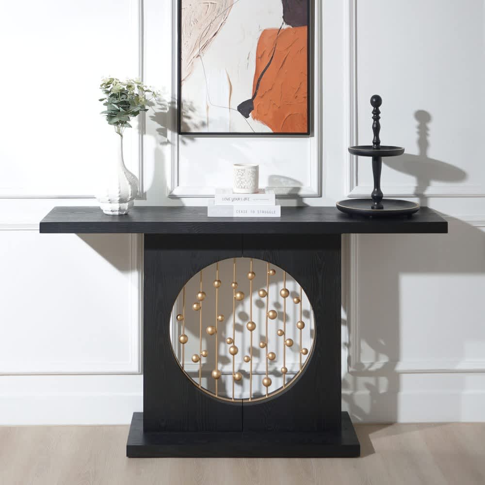 Coolbibila MILAN-CONSOLE-BLACK Modern Black Console Table 56 Inch Wood Entryway Table with Gold Accent Narrow Hallway Sofa Table