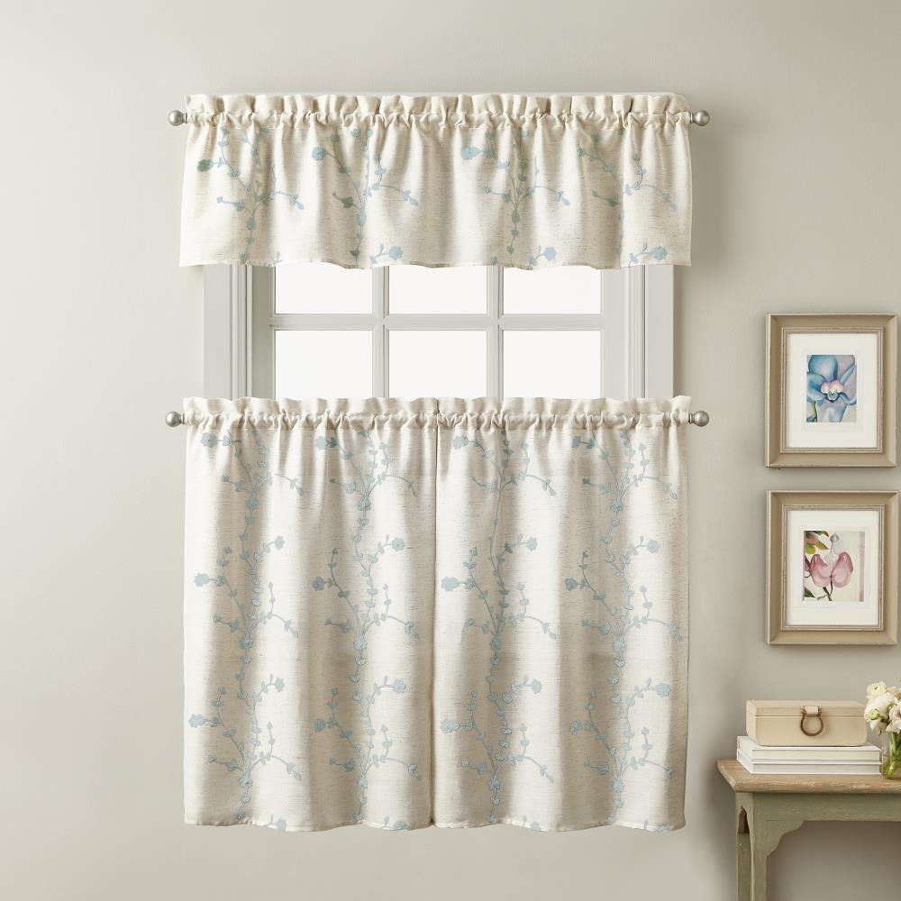 Aqua Floral Embroidered Linen Blend Rod Pocket Valance
