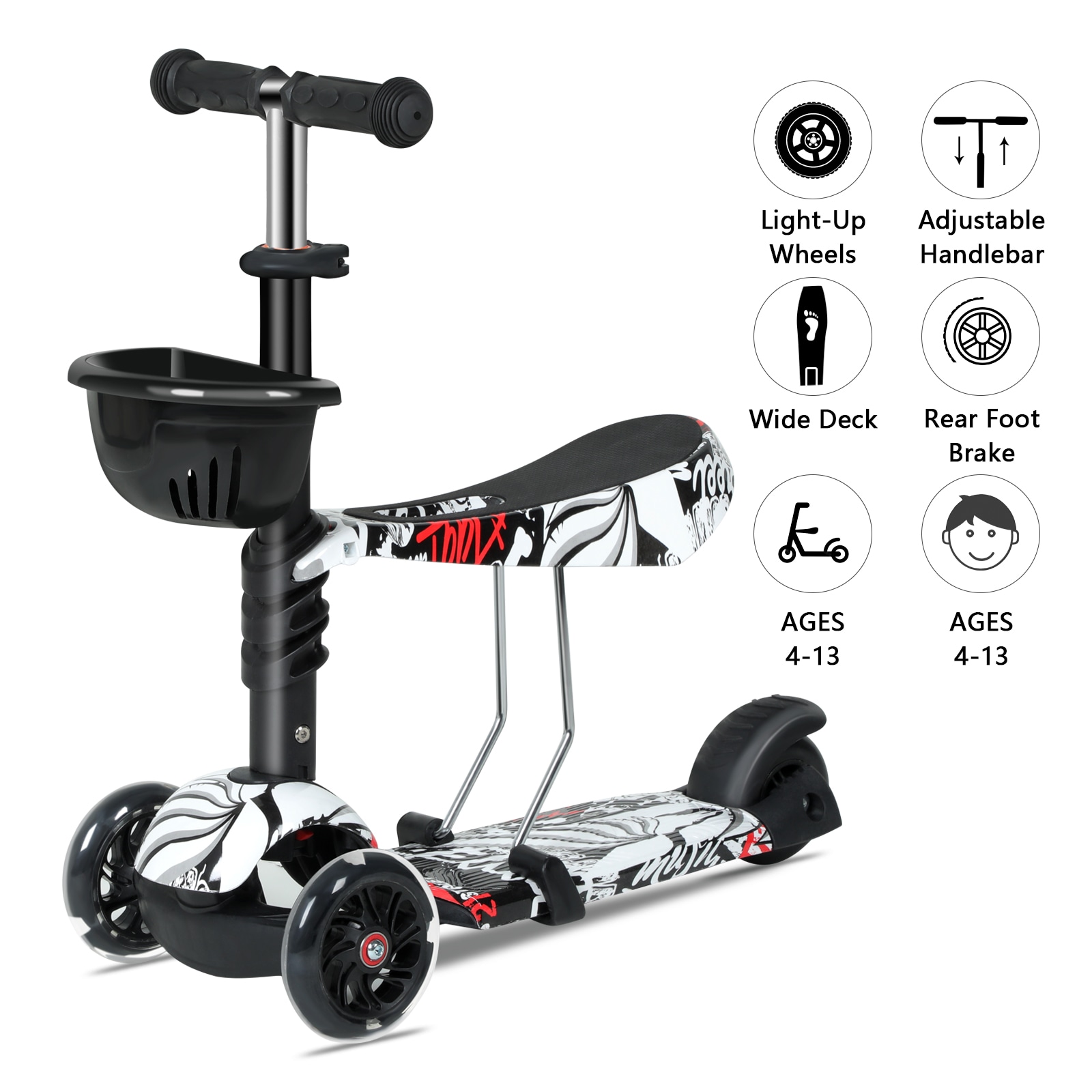navneord marts Autonom Flynama Kids Scooter, Kick Scooter with Removable Seat,Adjustable Height  and LED Flashing Wheels Scooter with Brake For Kids Over 3 Years Old,  Printed with A Seat in the Scooters department at Lowes.com
