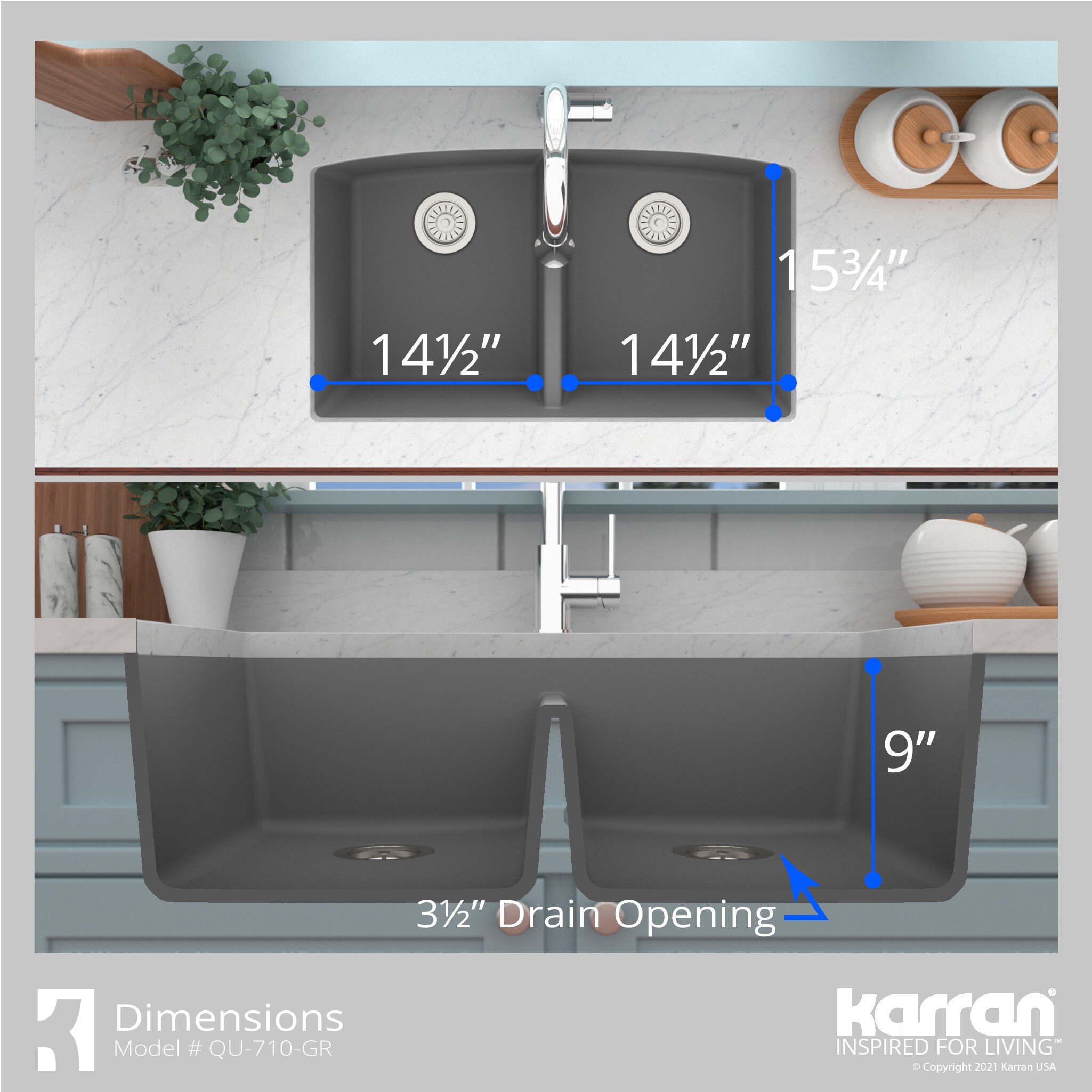 Karran Undermount 32.5-in x 19.5-in Grey Quartz Double Equal Bowl