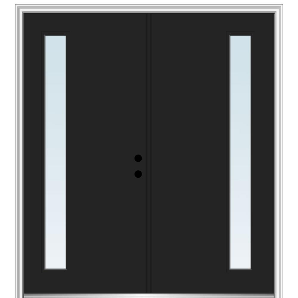 MMI DOOR ZZ345949L Spotlights 72-in x 80-in x 4-9/16-in Fiberglass Pulse lite Left-hand inswing Black Painted Prehung Double Front Door with Brickmould Insulating core