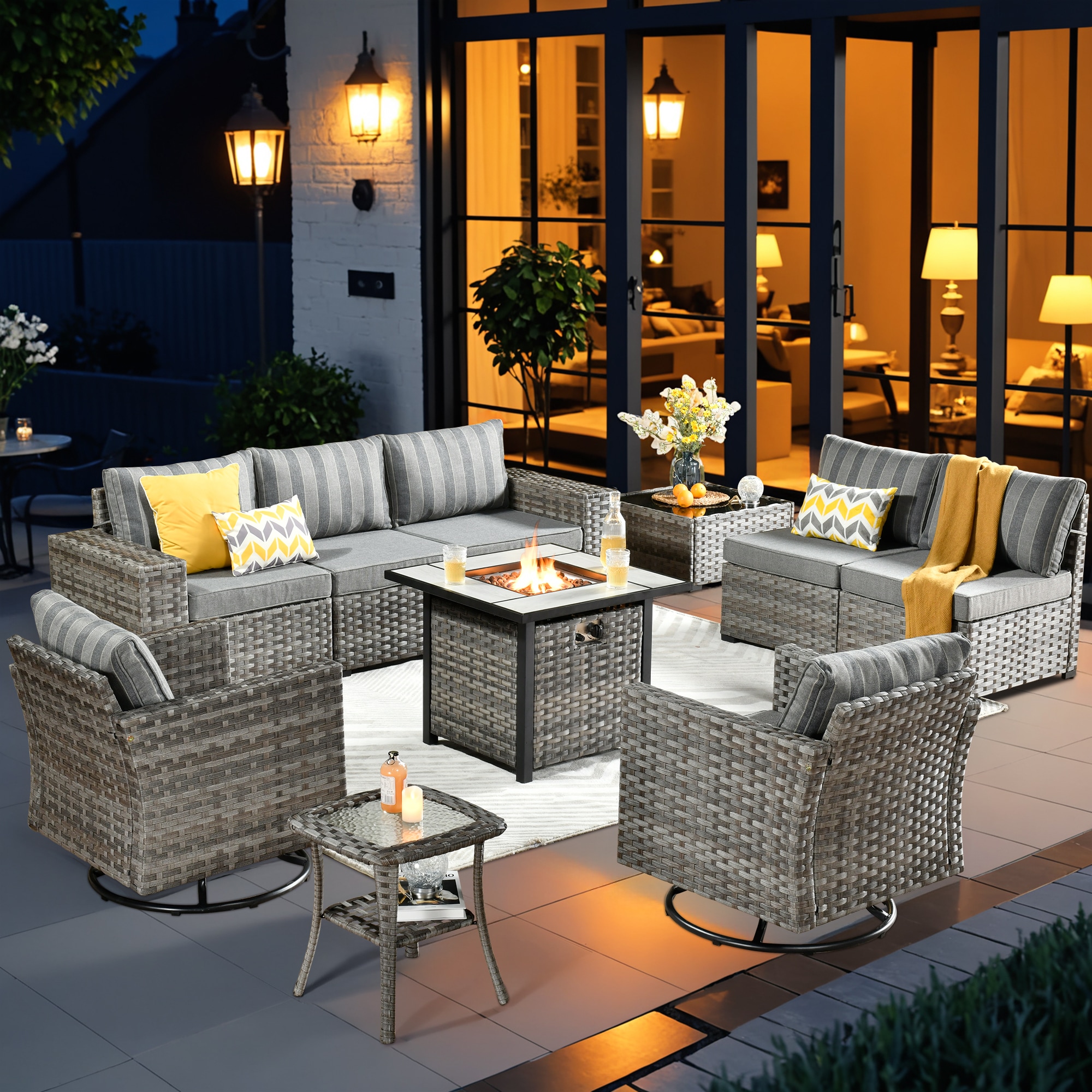Pouuin SFPYZBBR2T-10 Rattan Outdoor Sectional with Gray Cushions and Steel Frame