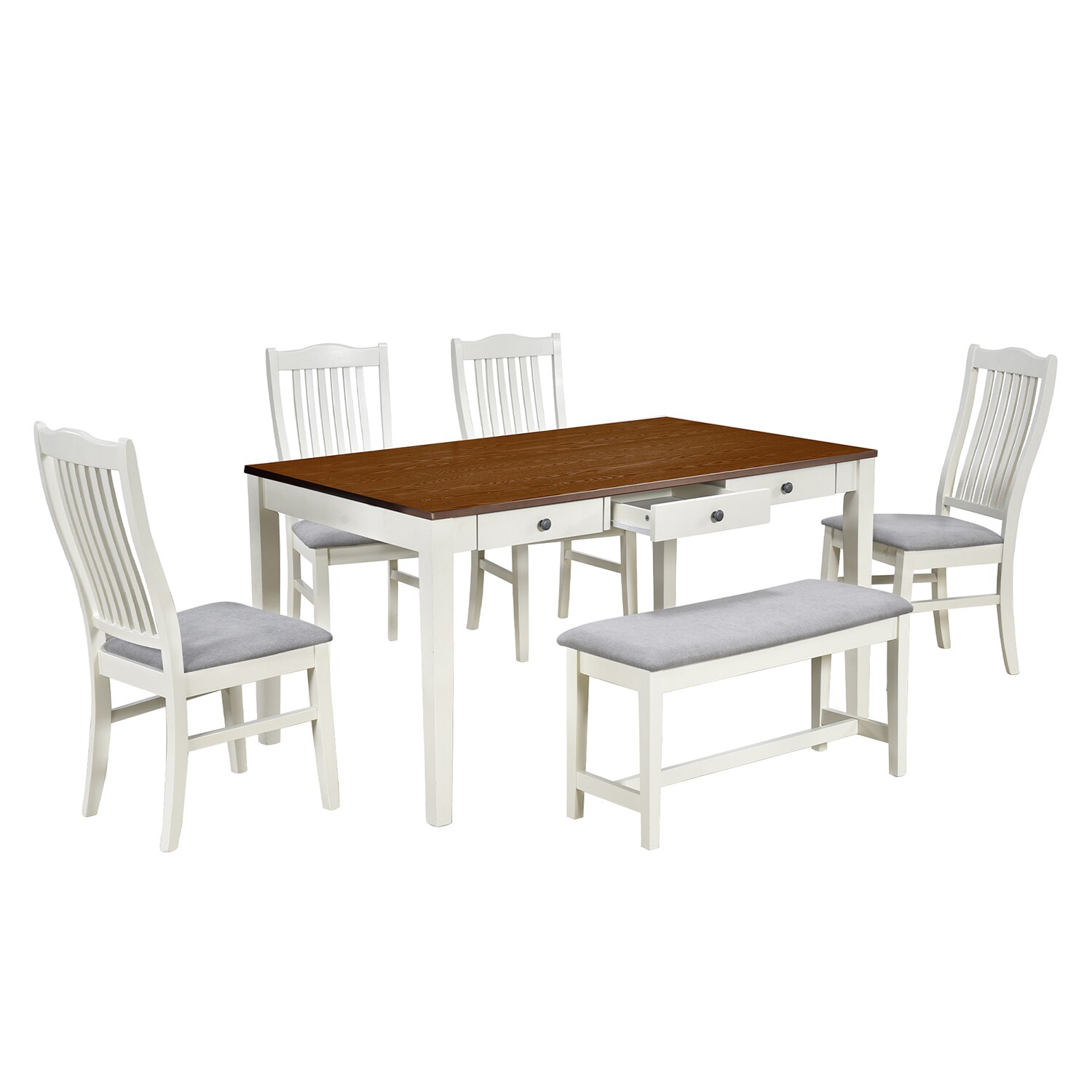 SINOFURN SYA010159GY Off-white Casual Dining Room Set with Rectangular Table ( Seats 6 )