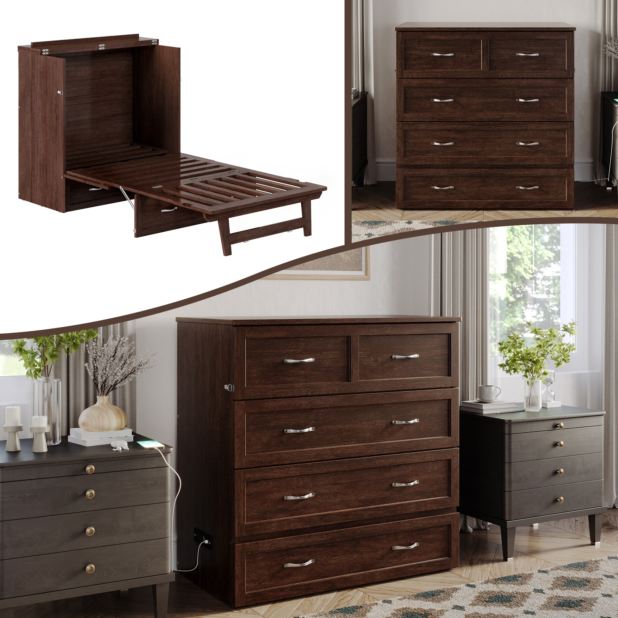 AFI AC571103 Vivian No Mattress Burnt Amber Twin extra long Wood Murphy Bed with Storage