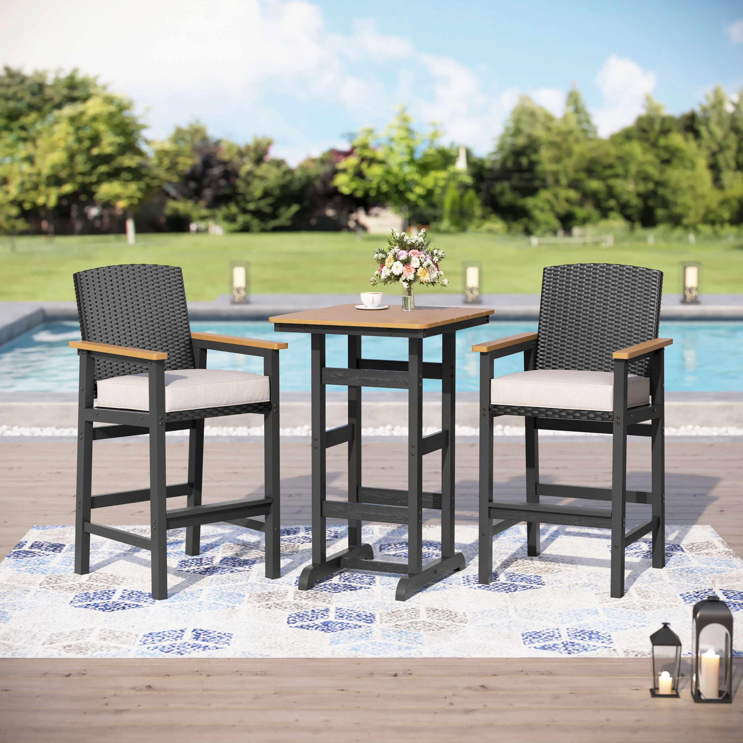 Sunshine Valley S3-3801-T Outdoor High Bar Bistro Set 3 -Piece Black Wicker Bar Height Patio Dining Set Steel Rectangle Table with 2 Beige Cushions Stationary Chairs