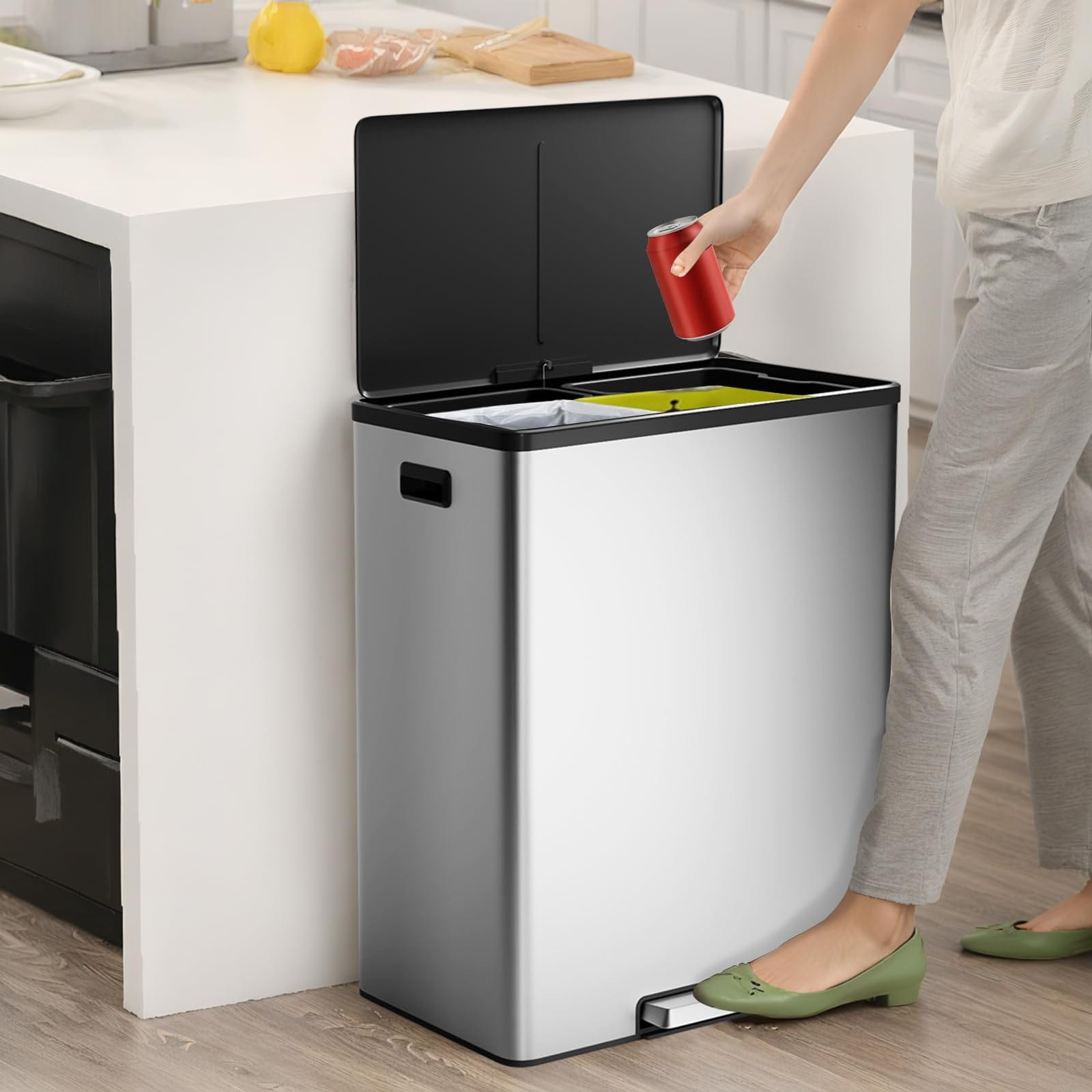 GAOMON 16 Gallon Dual Stainless Steel Step Recycling Trash Can Soft Close Lid with 2 Removable Buckets