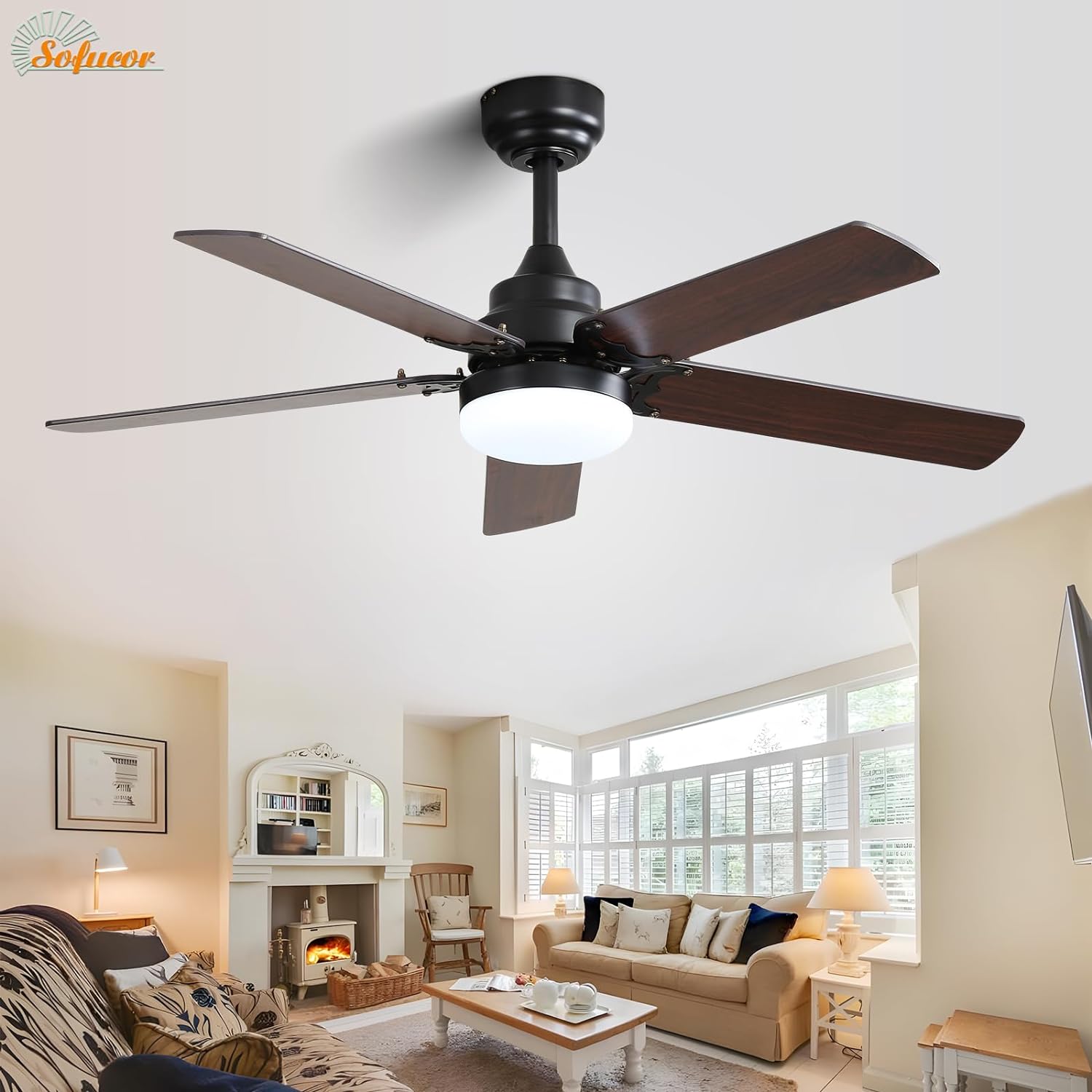 Sofucor Ceiling Fan 42-in Black with Dark Brown Blades Color-changing ...