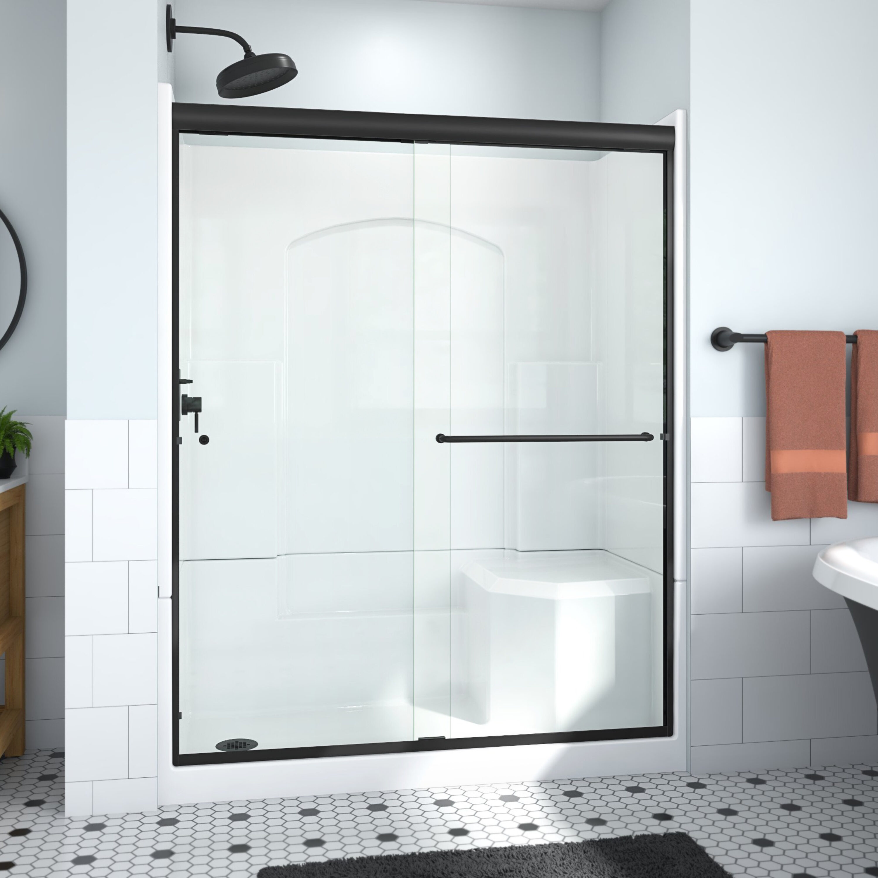 Laurel Mountain L3660SH1S4PRWM3 Slayden Plus 4 -Piece 36-in W x 60-in L x 77-in H Rectangle Alcove shower kit ( Left Drain) with Integrated Seat Base, Wall, Door Drain and Black Hardware Included