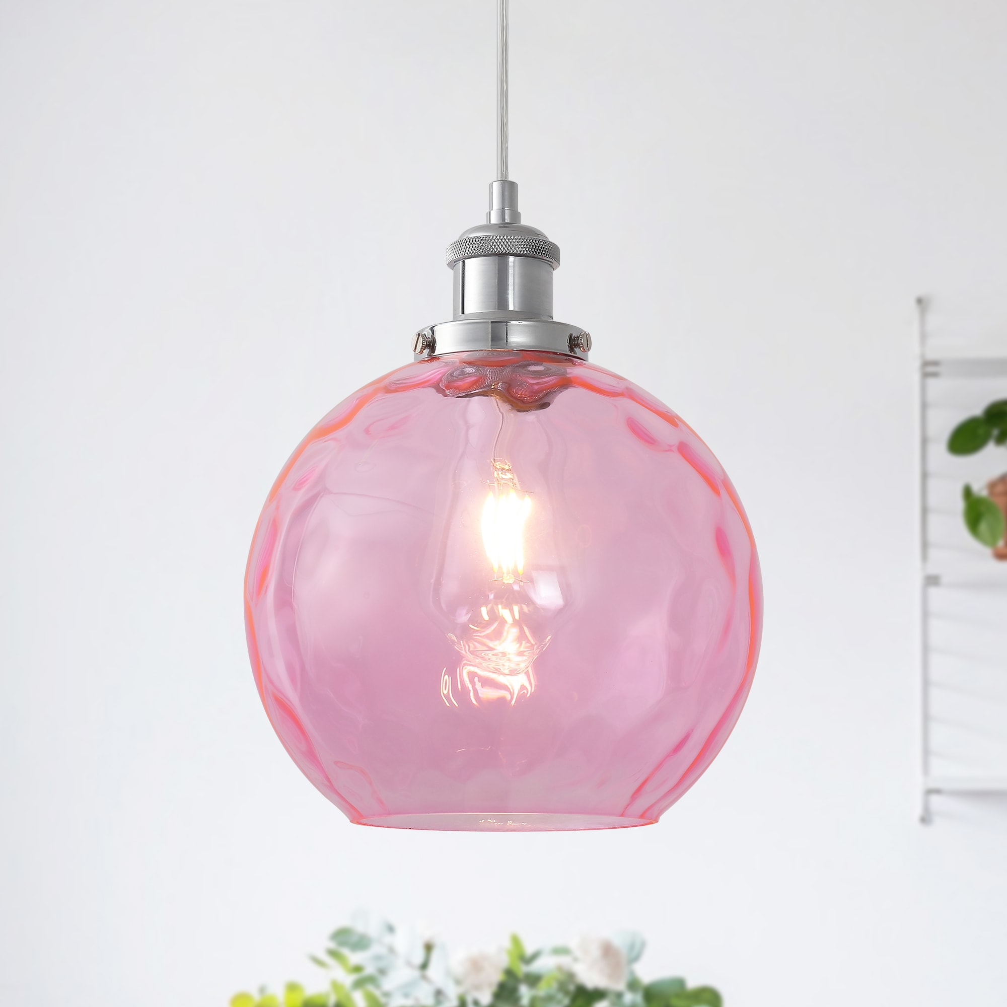 HLJYNJM 1-Light Pink Hammered Glass Globe Modern Pendant Lighting Fixture for Kitchen Island Bedroom