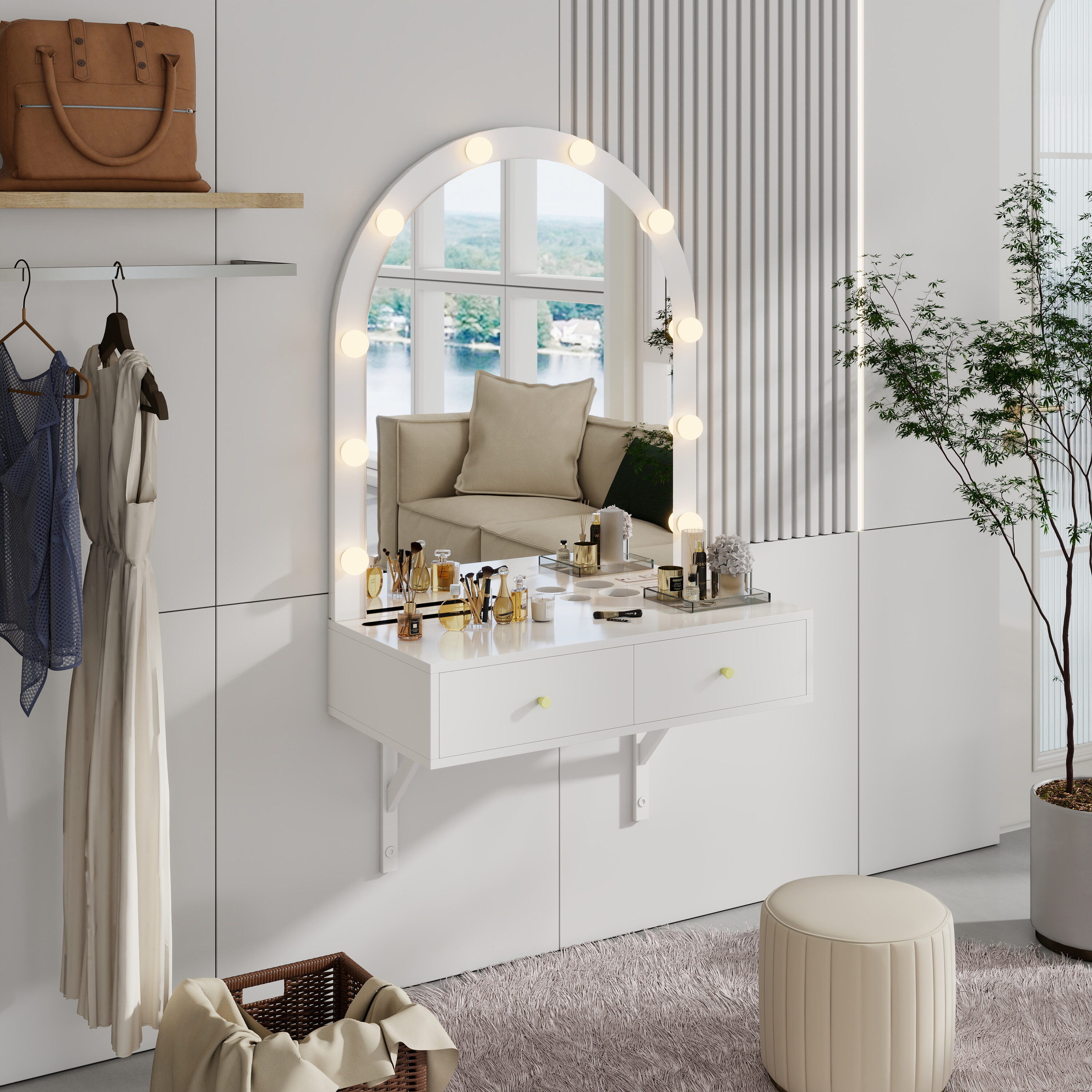 ModernLuxe L3P-N844P263662A Floating Makeup Vanity Desk with Mirror 3Color LightsWall Dressing Table with Power OutletCompact vanityLarge StorageWhite