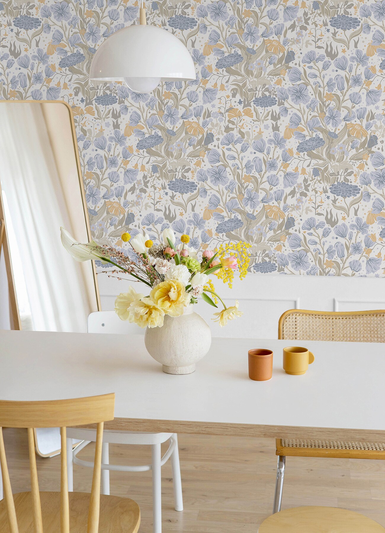 Light Blue and Cream Floral Non-Pasted Wallpaper Roll