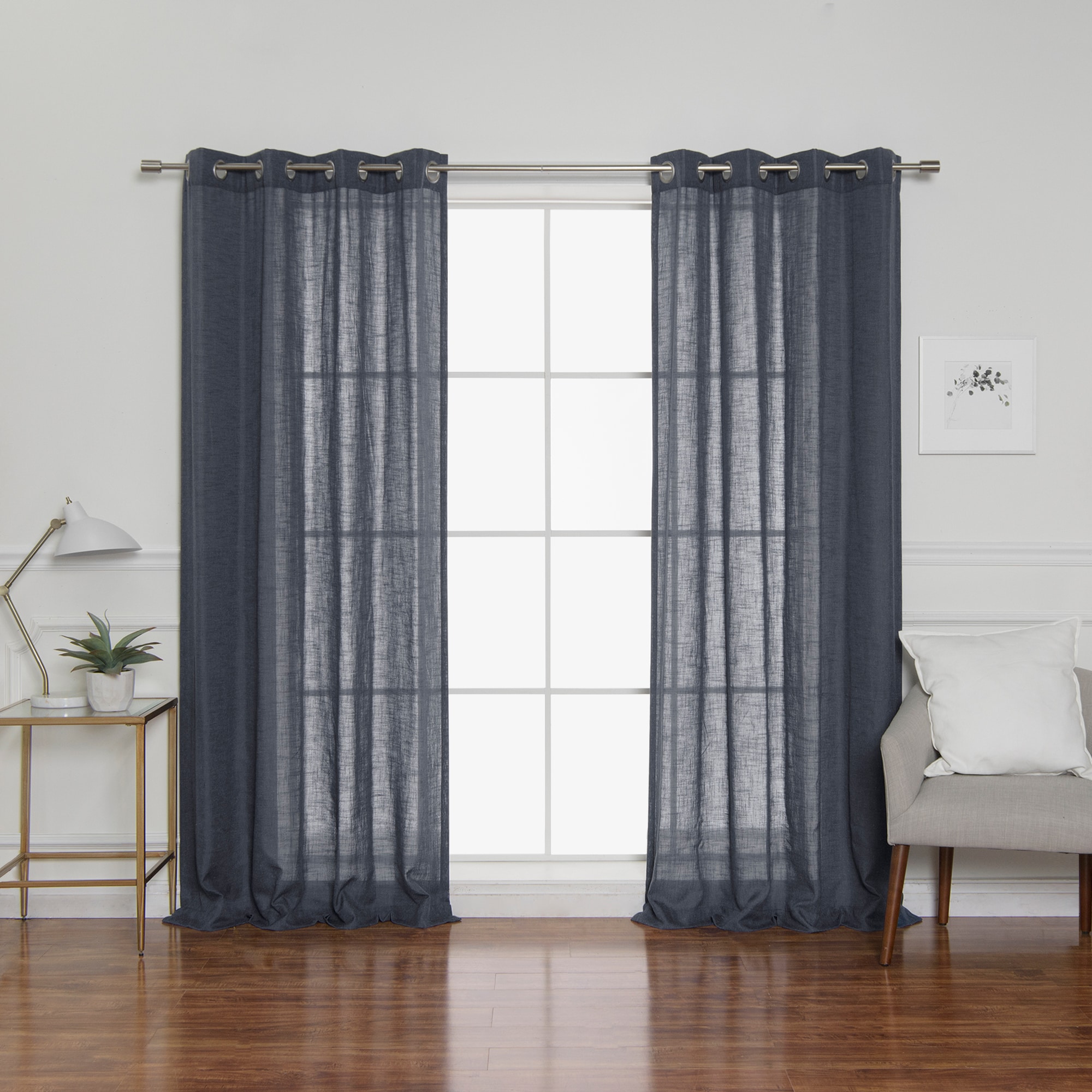 Best Home Fashion JC-GR-FAUXLIN-84-IND 84-Inches Indigo Blue Semi-sheer Grommet Curtain panel pair
