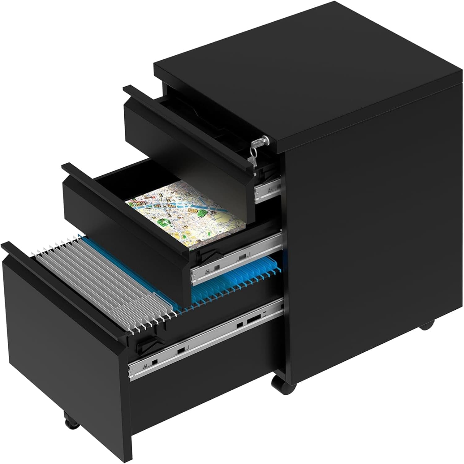 Qeetex LSHQQPEP-33364SGH 3 drawer mobile filing cabinet with lock  metal horizontal filing cabinet