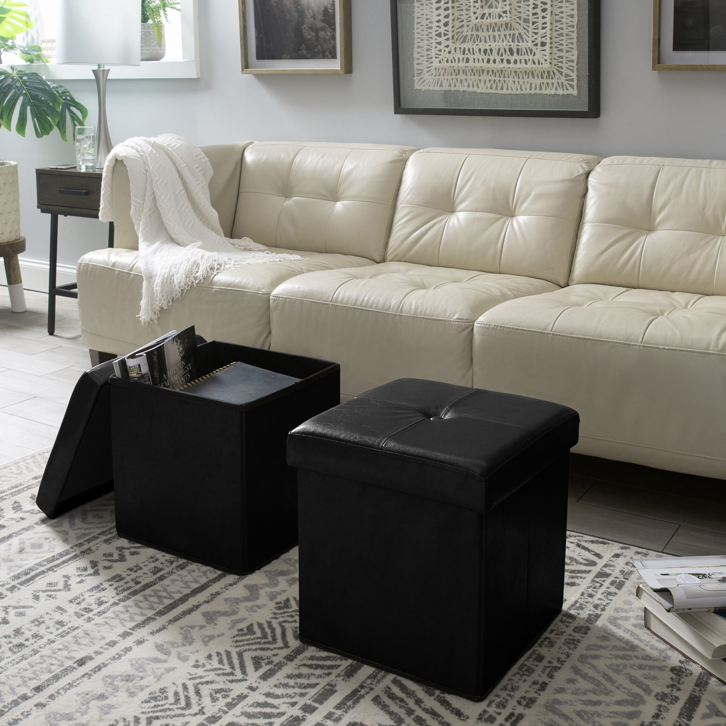 Simplify Black Faux Leather Folding Storage Ottoman Cube