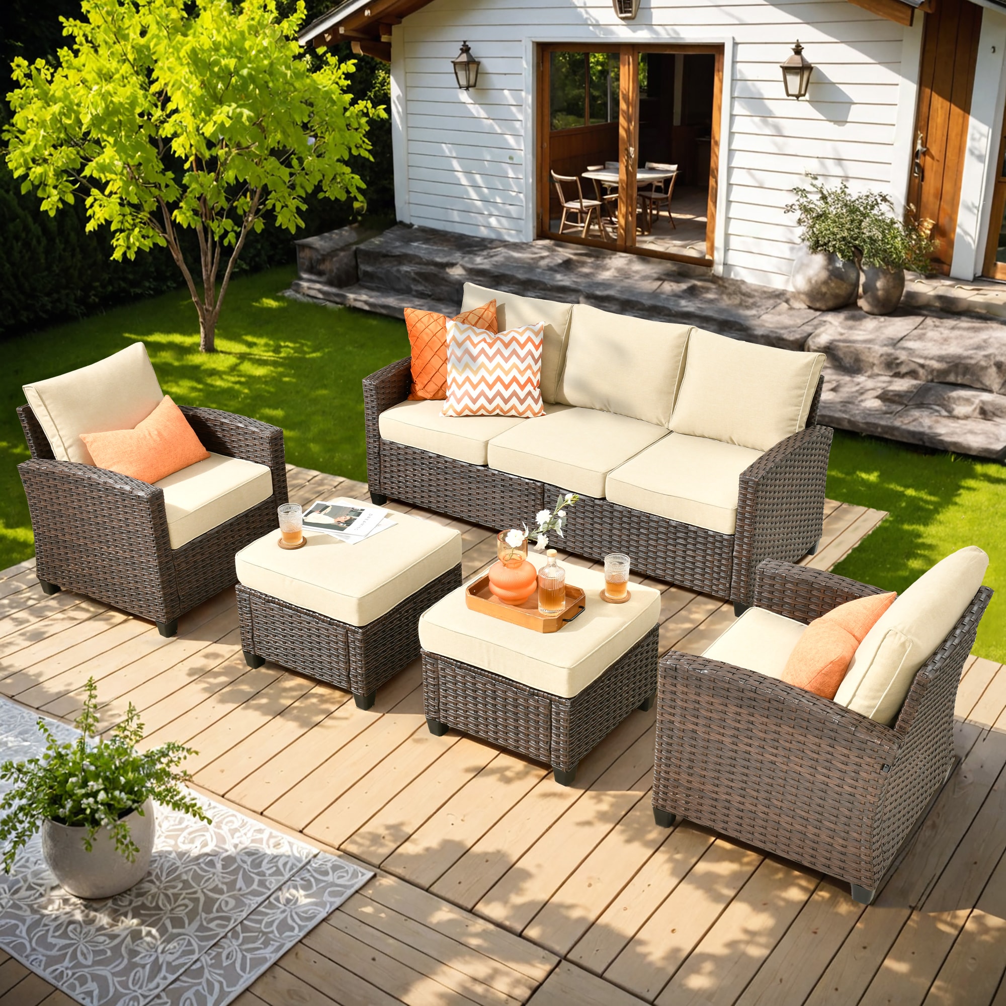 Ovios PR600 5 -Piece Wicker Patio Sofa Conversation Set with Beige Cushions