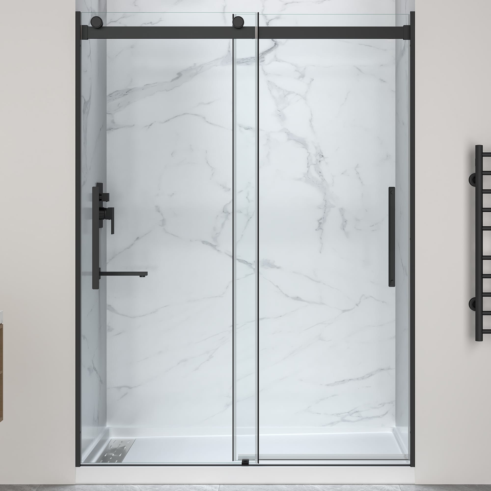 ANZZI SD-5902302L-MB Stellar Series Matte Black Door - Left Drain Base 60-in W x 76-in H Frameless Clear Glass Sliding Soft Close Shower door