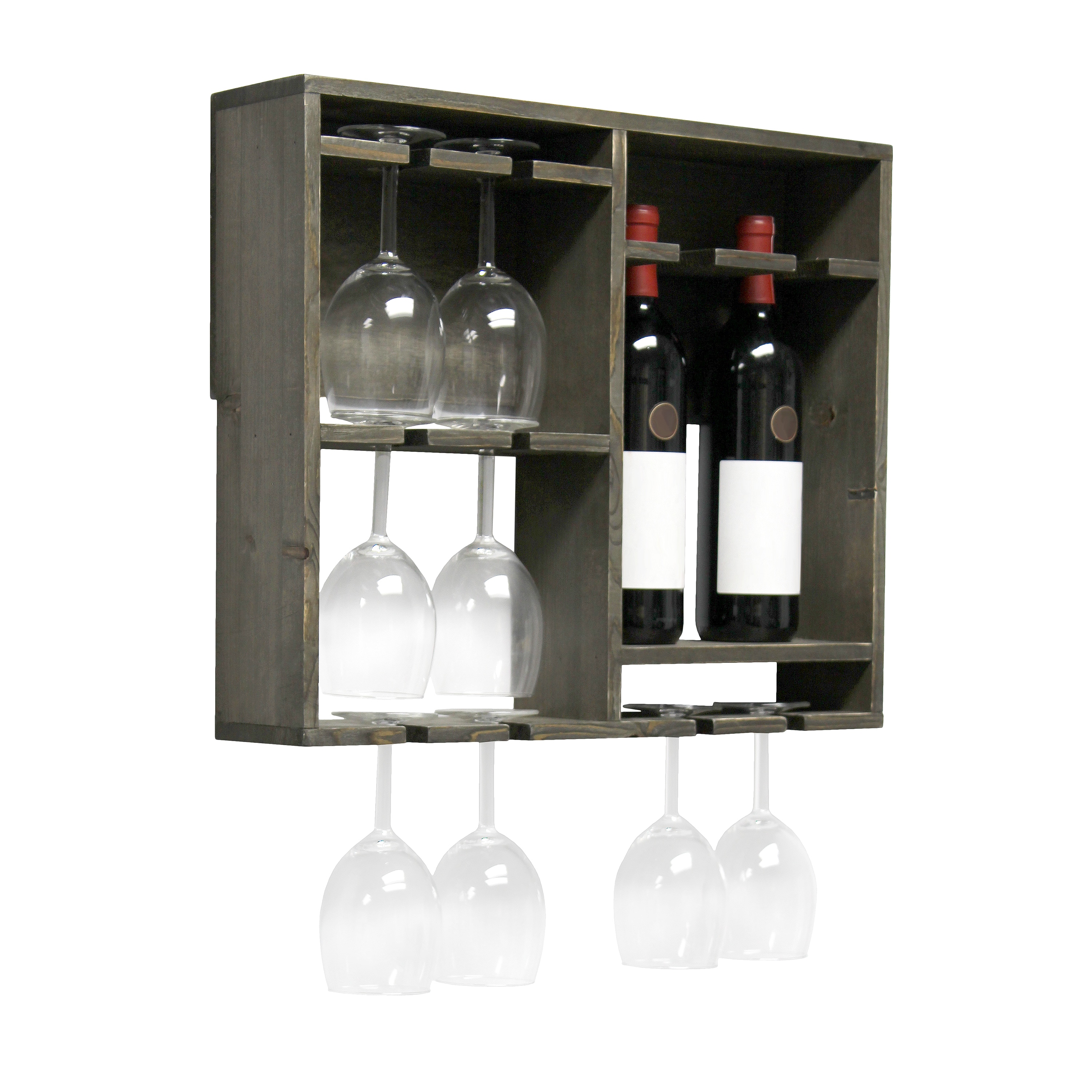 Rustic Gray Wall Mounted Wood Wine Rack with Glass Holder