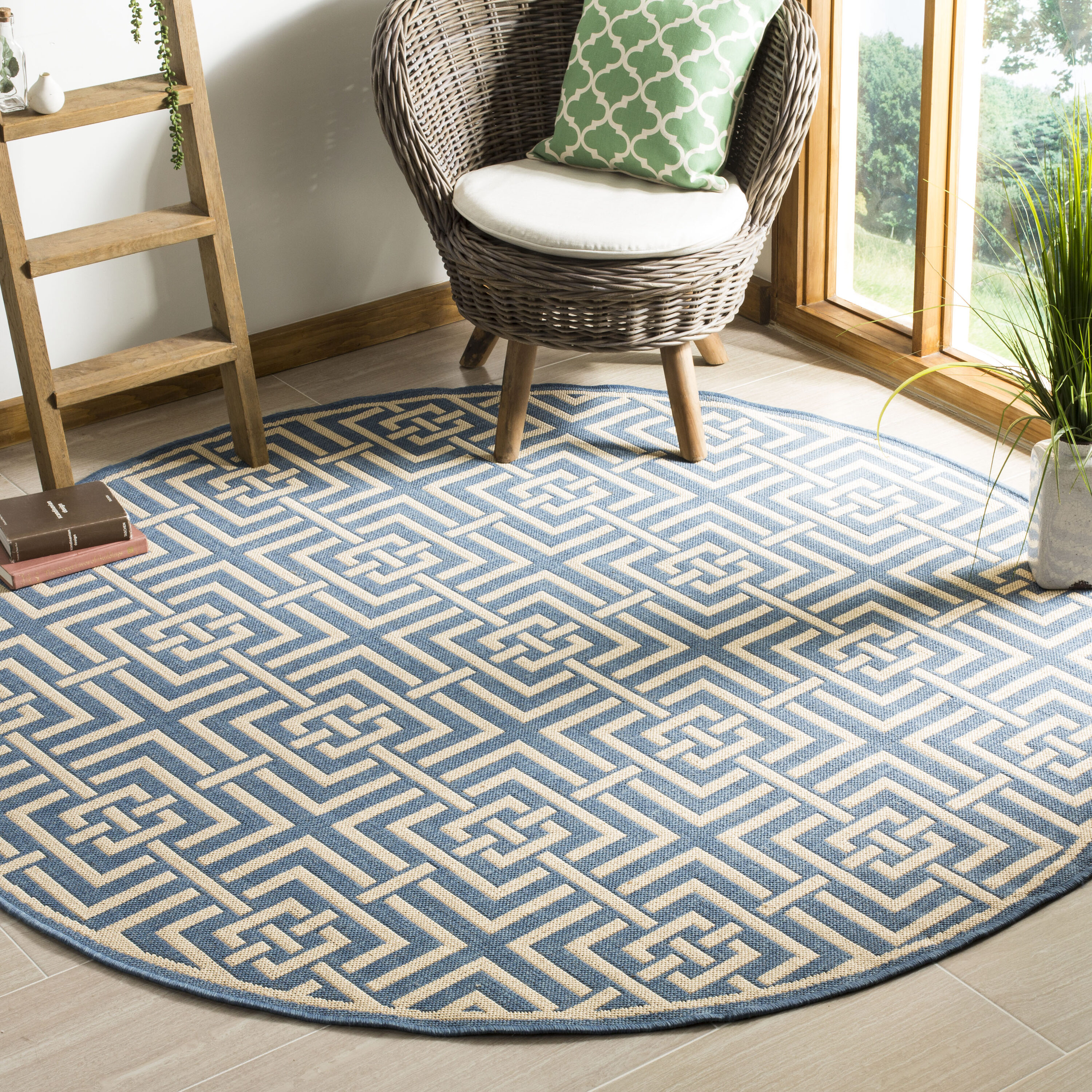 Safavieh LND128M-6R Linden Heather 6 x 6 (ft) Loomed Polypropylene Blue/Creme Round Indoor Abstract Coastal Area rug