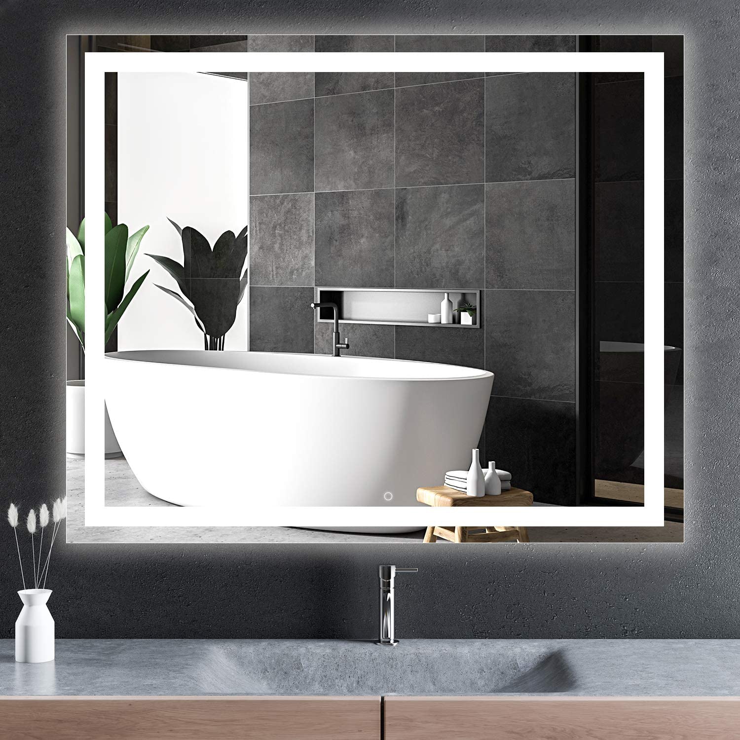 HomLux 1MA023630TD-OL 36-in x 30-in Polished Frameless Rectangular Dimmable Lighted Fog Free Bathroom Vanity Mirror ( Silver )