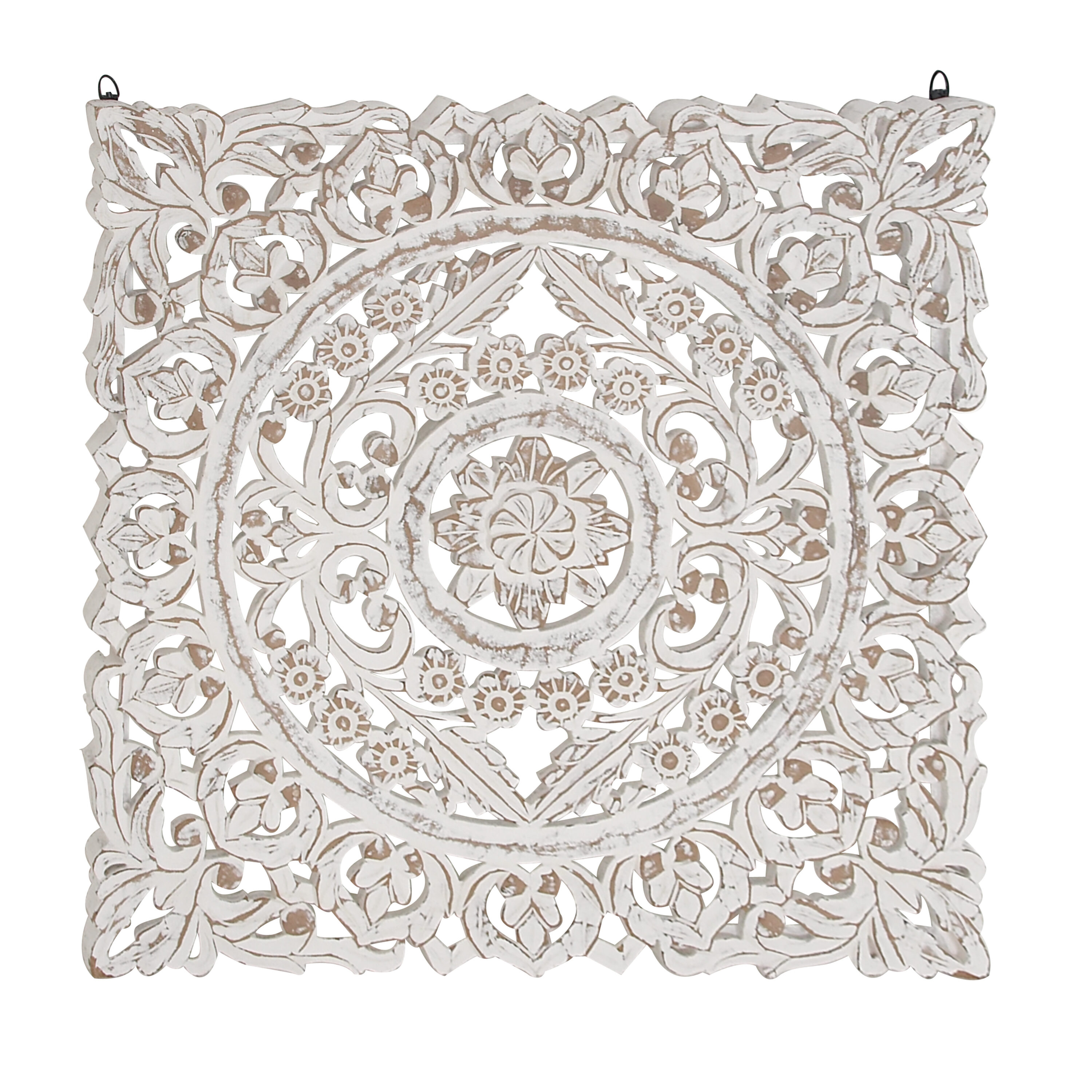 Whitewashed Wood Botanical Carved Wall Panel, 36" Square