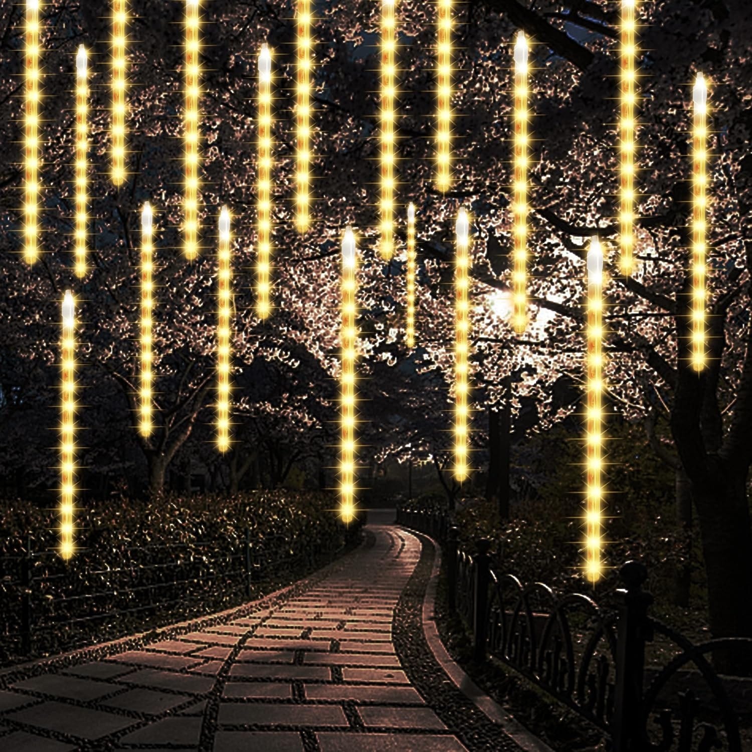 Anqtovp  24 Tubes Meteor Shower Lights 864 LED Warm White Outdoor Icicle String Lights Connectable Waterproof for Christmas Tree Party Holiday