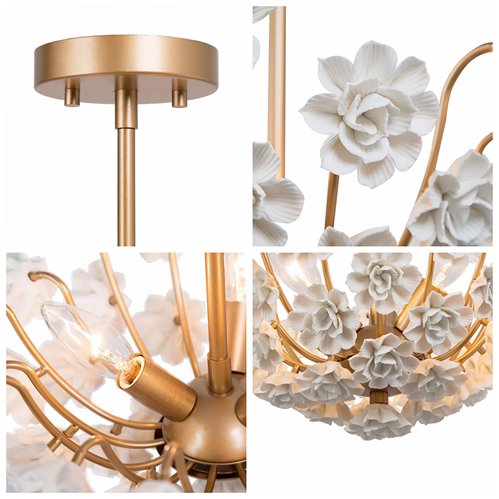 Modern Brass Gold Island Chandelier Light 3-Light Round Chandelier Light  with Ceramic Flowers